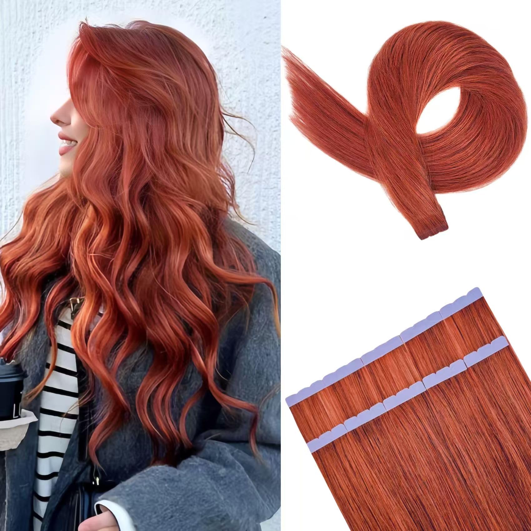 Copper Red Tape in Hair Extensions Human Hair Invisible Long Copper Hair Extensions Tape Ins Mini Straight Real Hair 10Pcs for Girls