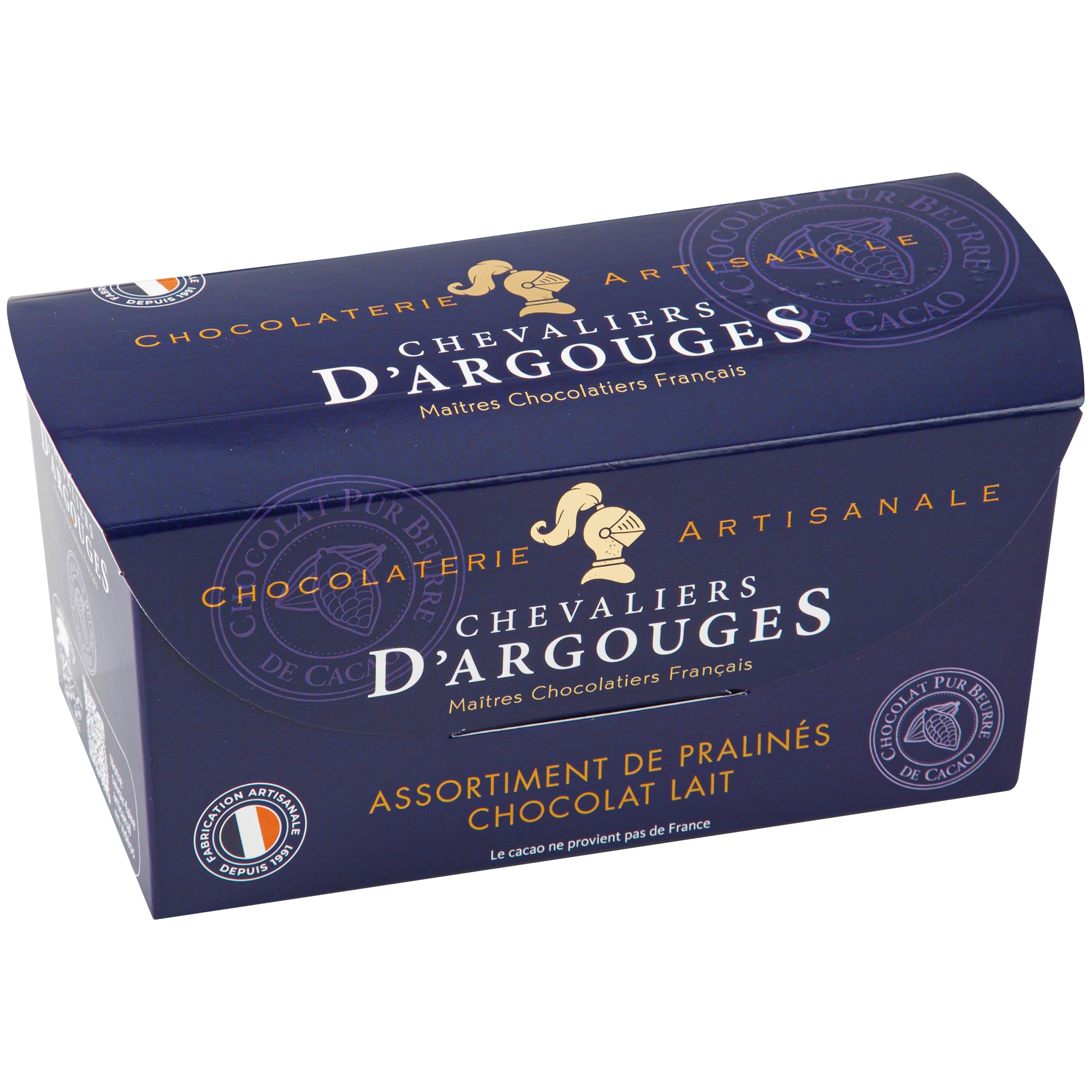 CHEVALIERS D'ARGOUGES Maîtres Chocolatiers Français - Assortiment de pralinés chocolat lait 33% - Ballotin Dégustation 185g
