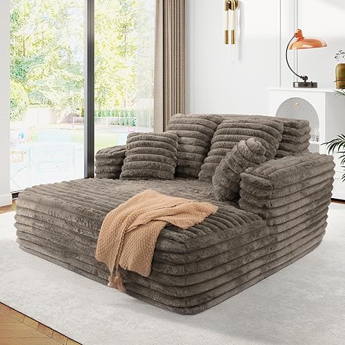 56"W Oversized Chaise Lounge Chair Indoor,Plush Faux Fur Sleeper Sofa Couch Bed with Pillows&Wide Armrest,Fluffy Comfy Cloud Sofa,Compression Foam Boneless Couch for Living Room,Bedroom(Brown)