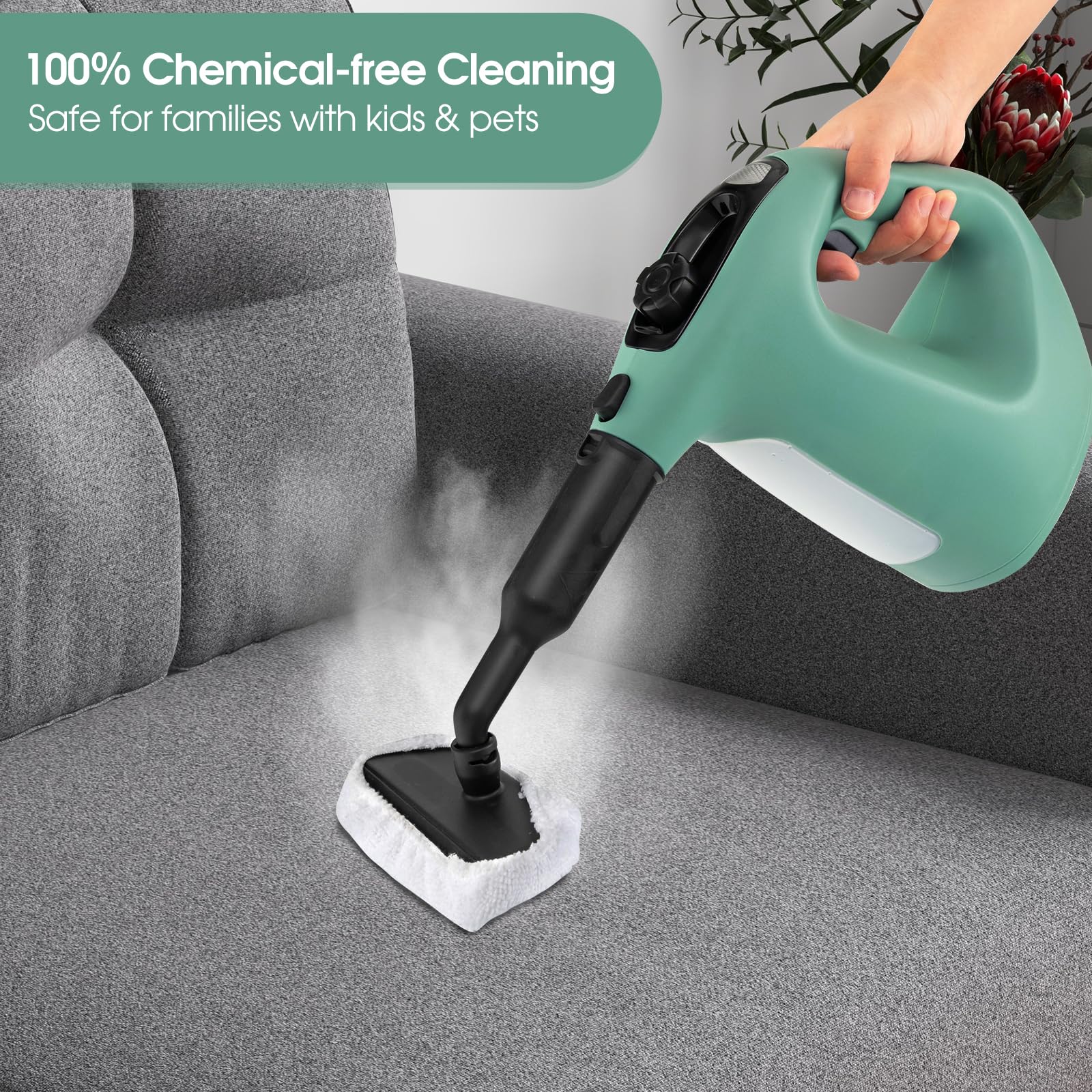 S AFSTAR Handheld Steam Cleaner, 1400W Pressurized Steamer with 14-Piece Accessories & Child Lock, Multipurpose Portable Steamshot Steam Mop for Cleaning Kitchen Floor Sofas Car Windows (Green)