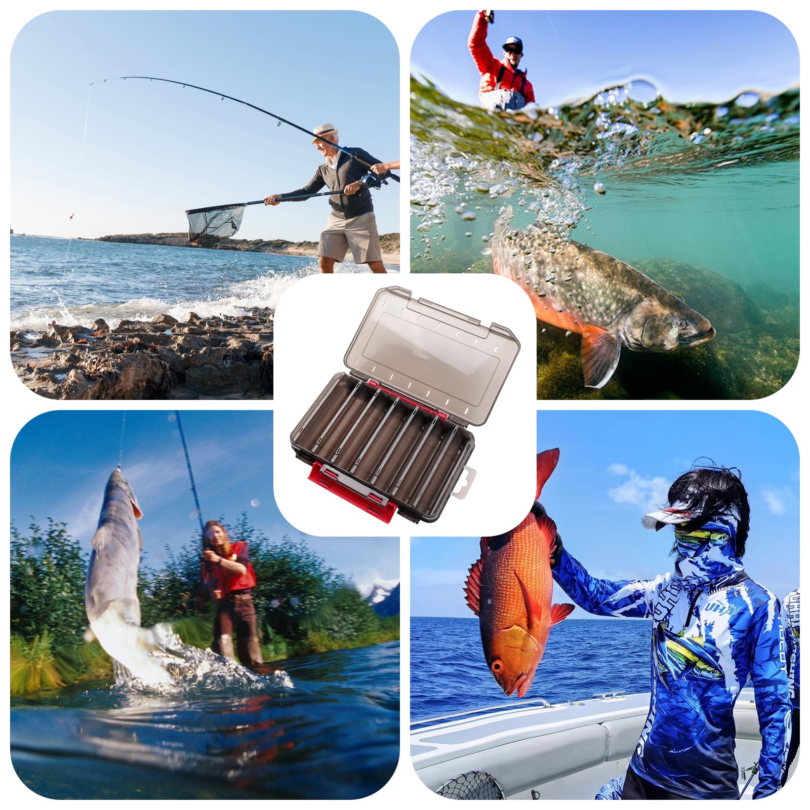 Pudełko na przynęty wędkarskie, 19,5 x 13 x 3,6 cm, dwustronne pudełko na przynęty wędkarskie z uchwytem do noszenia, 14 przegródek, Hardbait Box Tackle Box na przynętę Hardbaits Wobler, gumowe