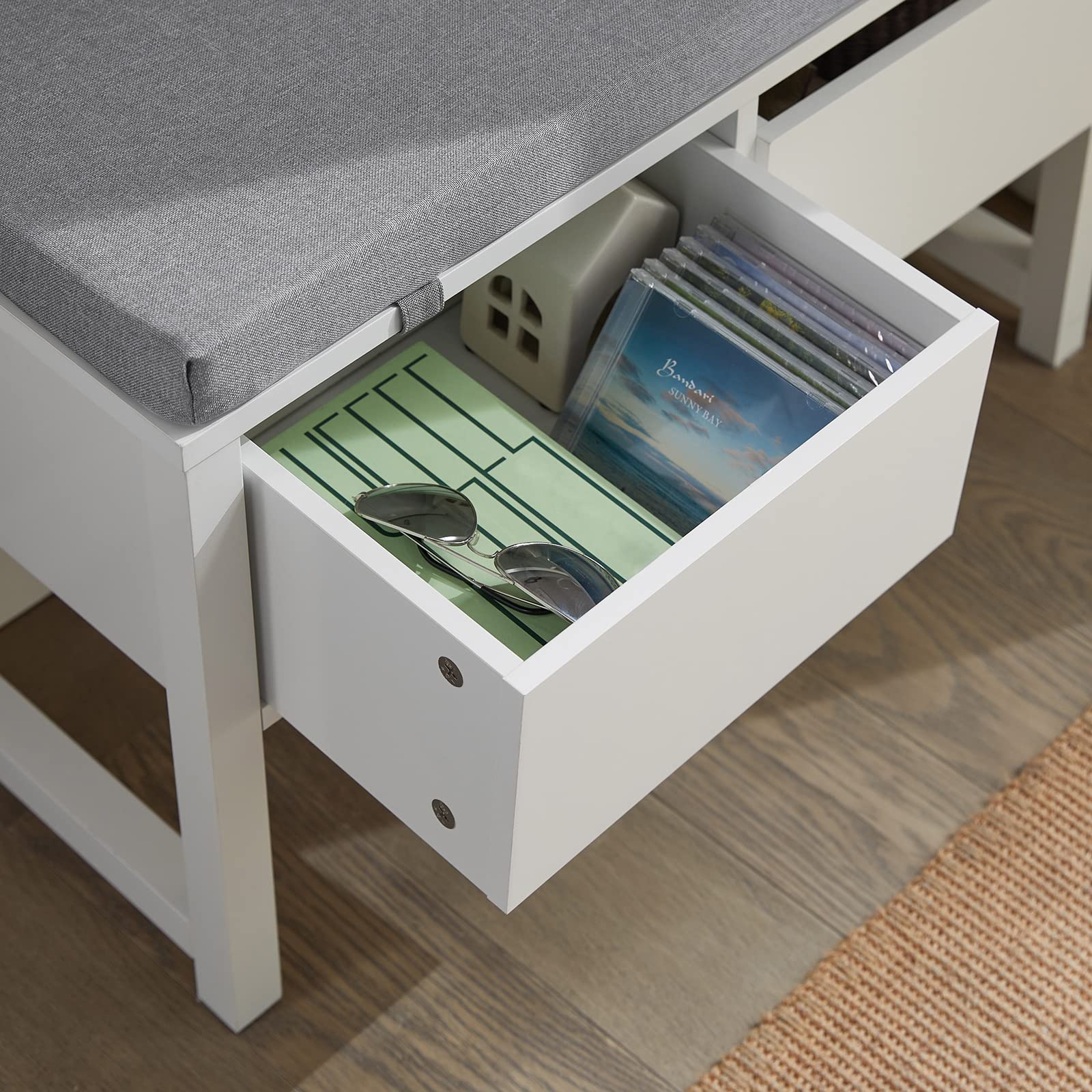 SoBuy Panca scarpiera con 2 cassetti 72x30x46cm per ingresso | Cassapanca contenitore con cuscino e 2 grandi cassetti, MDF, carico 150kg, design classico bianco FSR88-W