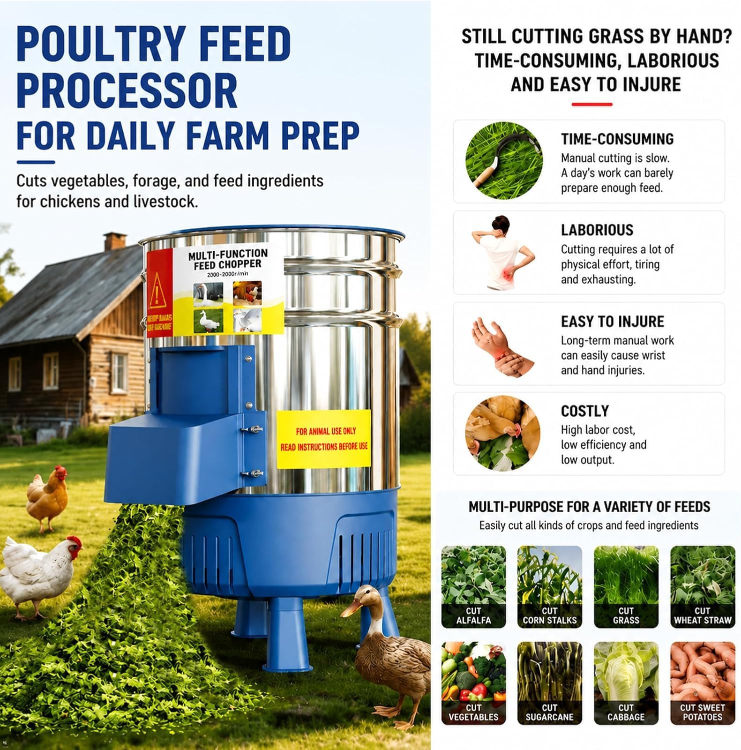 KEhtu Picadora Eléctrica Comercial De Verduras, Procesadora De Alimentos para Aves De Corral De Acero Inoxidable De 1500 W, Picadora Multifuncional De Alimentos para Pollos, 1800W