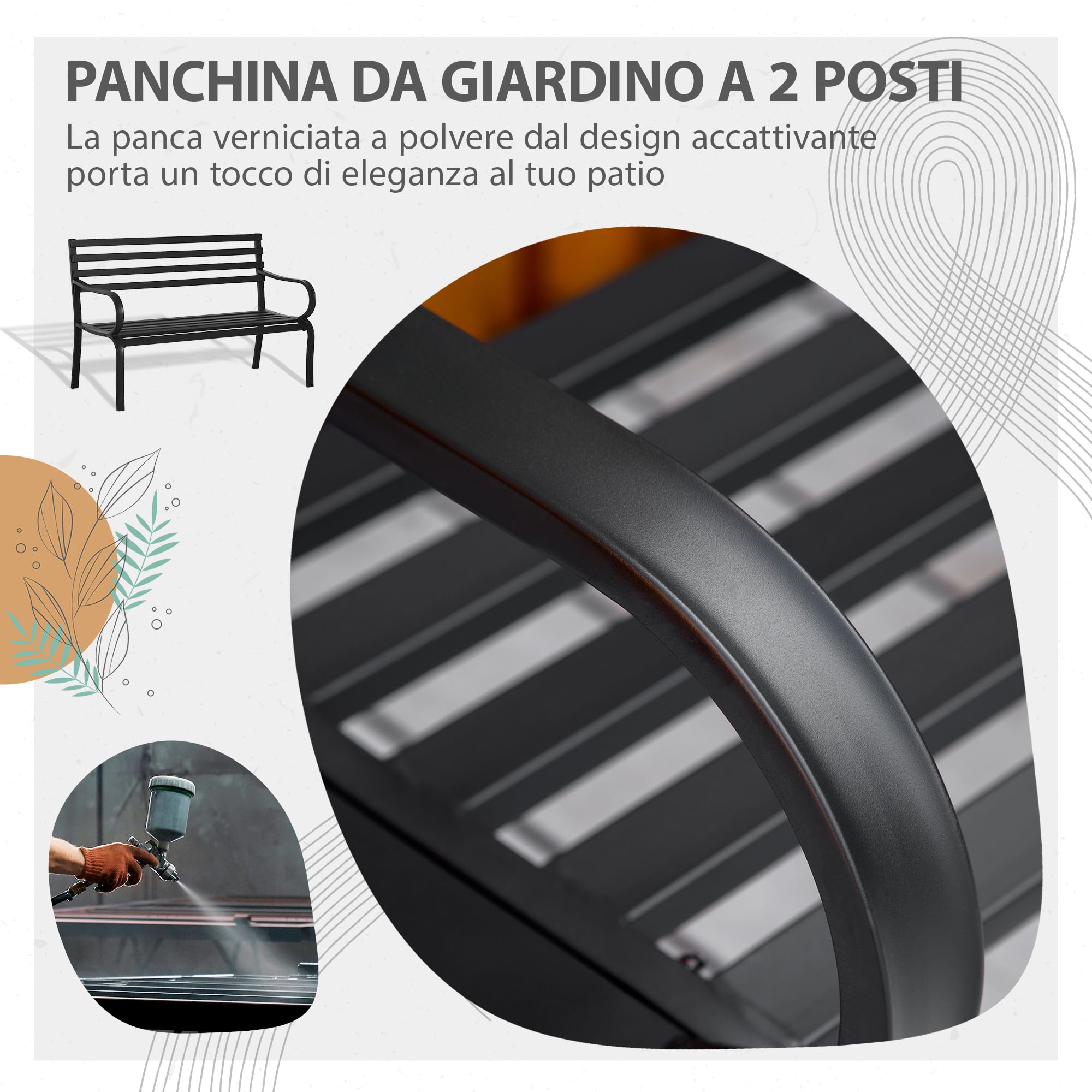 Outsunny Panchina da Esterno in Metallo Impermeabile Nero, Panca da Giardino a due Posti, 127 x 62 x 82cm - Max 240kg