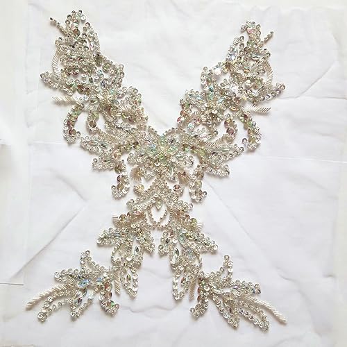Vista 26 de Parche de cristal único hecho a mano cosido en piedras de lentejuelas de 15.3 x 11.4 pulgadas, accesorio para vestido, cristal de costura para Blanco