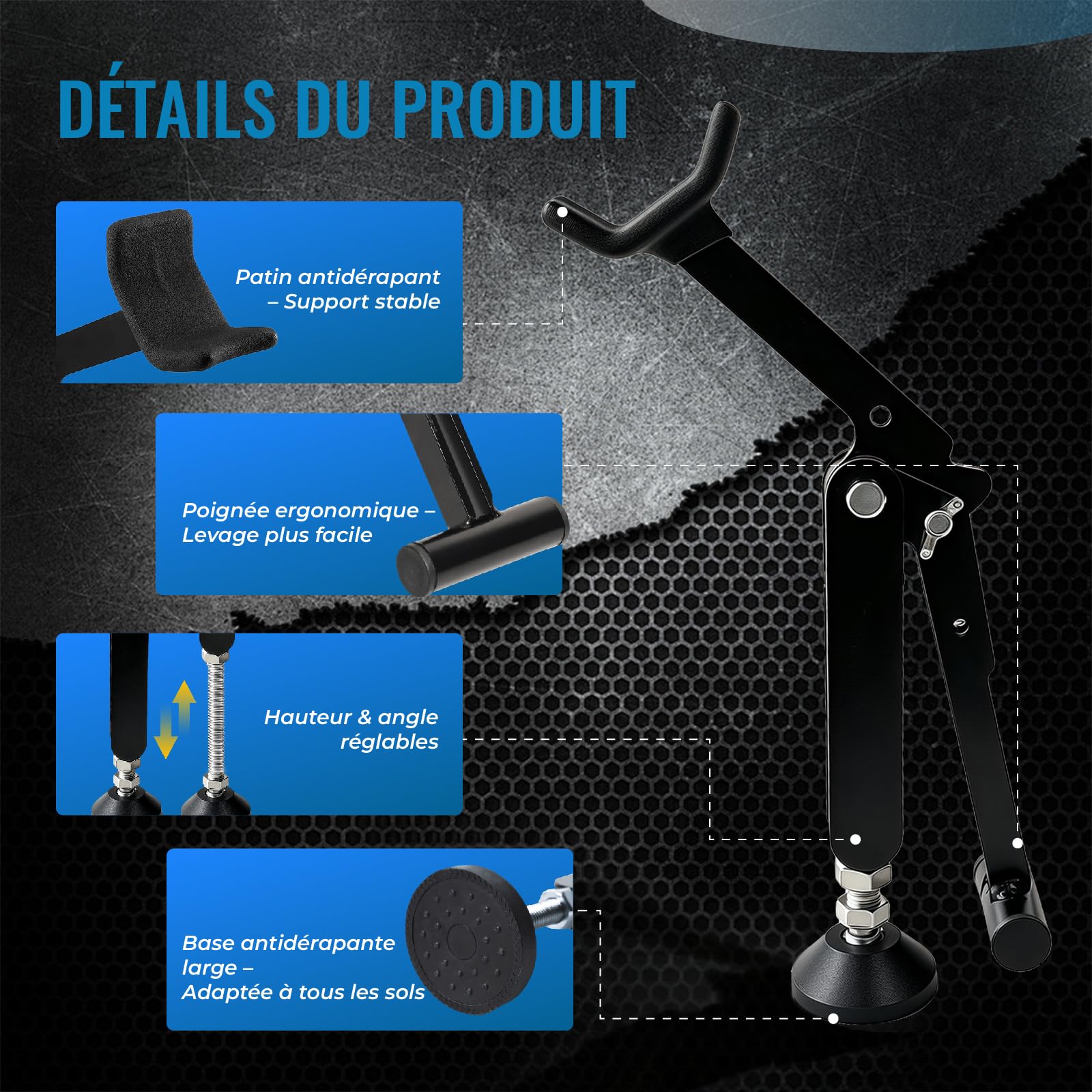 Bequille Moto Pliable, Crics de Levage Portable pour Roue Arrière, Leve Moto Universel avec Poignée, Hauteur et Angle Réglables, pour la Plupart de Moto, Vélo, Tout-Terrain