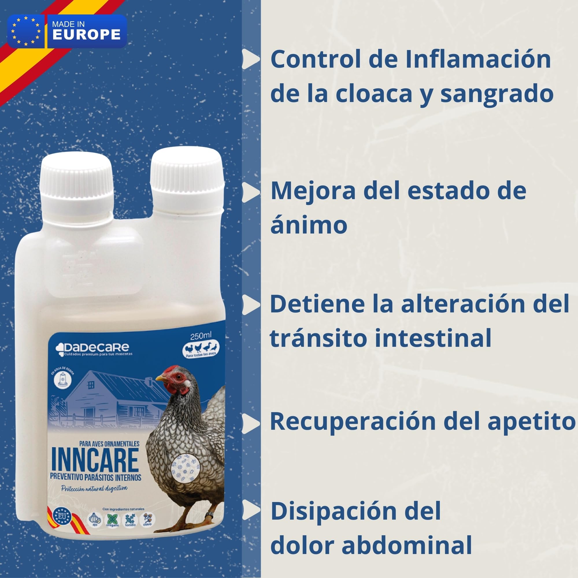 Preventivo Parasitos Internos Natural 250 ml - Gallinas, Aves de Corral y Exóticas - Previene y Trata Problemas digestivos - Fórmula Natural - Extracto de Ajo y Oregano - Inncare