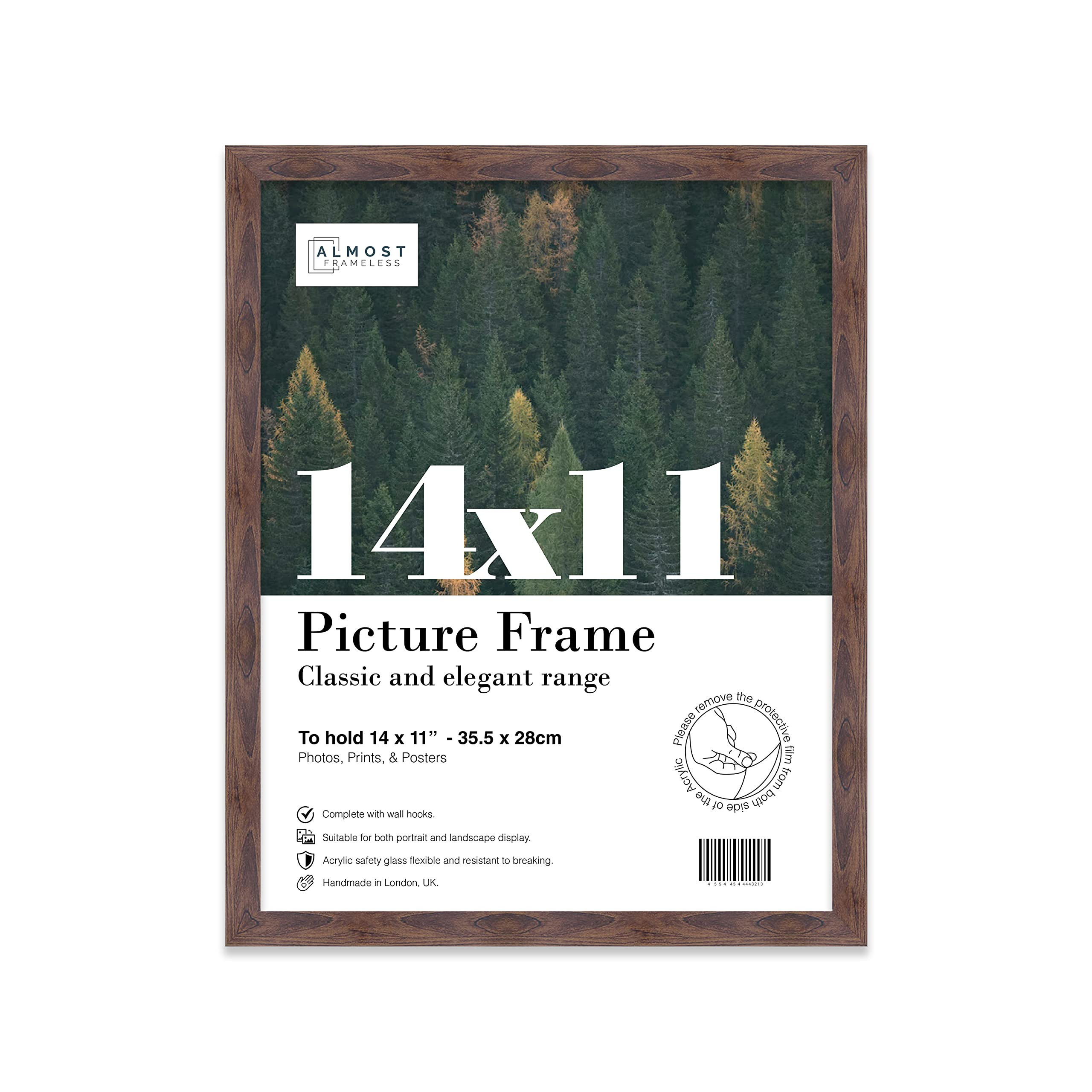 Almost Frameless 14x11 Walnut Picture Frame 14"x11"(35.6x27.9cm) Poster, Photo, Artwork, or Print. Thin Edge Slim Frame Portrait and Landscape Display with Wall Hooks