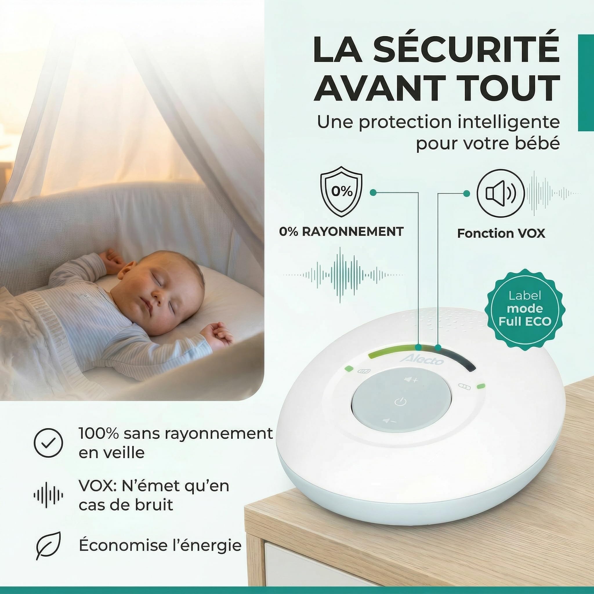 Alecto DBX110 Audio Babyphone - Interphone bébé numérique avec DECT - 300 m - design compact - échelle de volume LED - fonction VOX - faible rayonnement - blanc