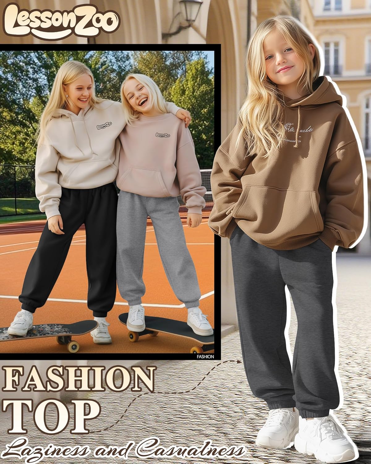 3 Pack Girls' Sweatpants Kids Elastic Waist Joggers Casual Athletic Pull on Teen Sweat Pants with Pockets