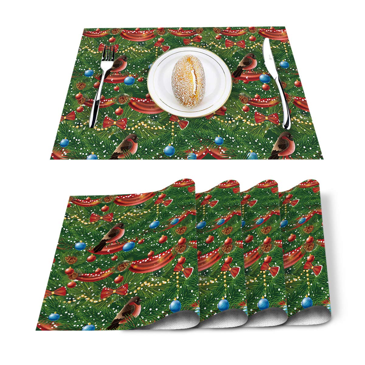Placemat Standard Size, Christmas Timbo and Bowknot Bird Design Placemats Stain Resistant Anti-Skid Washable Table Mats, 12x18 inches Pack of 4 Place mat for Kitchen/Dining Table
