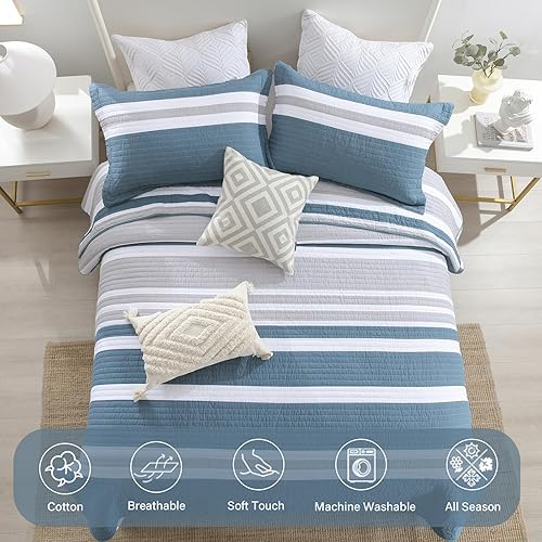 Miniatura 3 de Finlonte Edredón azul marino Queen 100% algodón tamaño Queen, edredón a rayas azul marino, colcha ligera y suave tamaño Queen para todas las