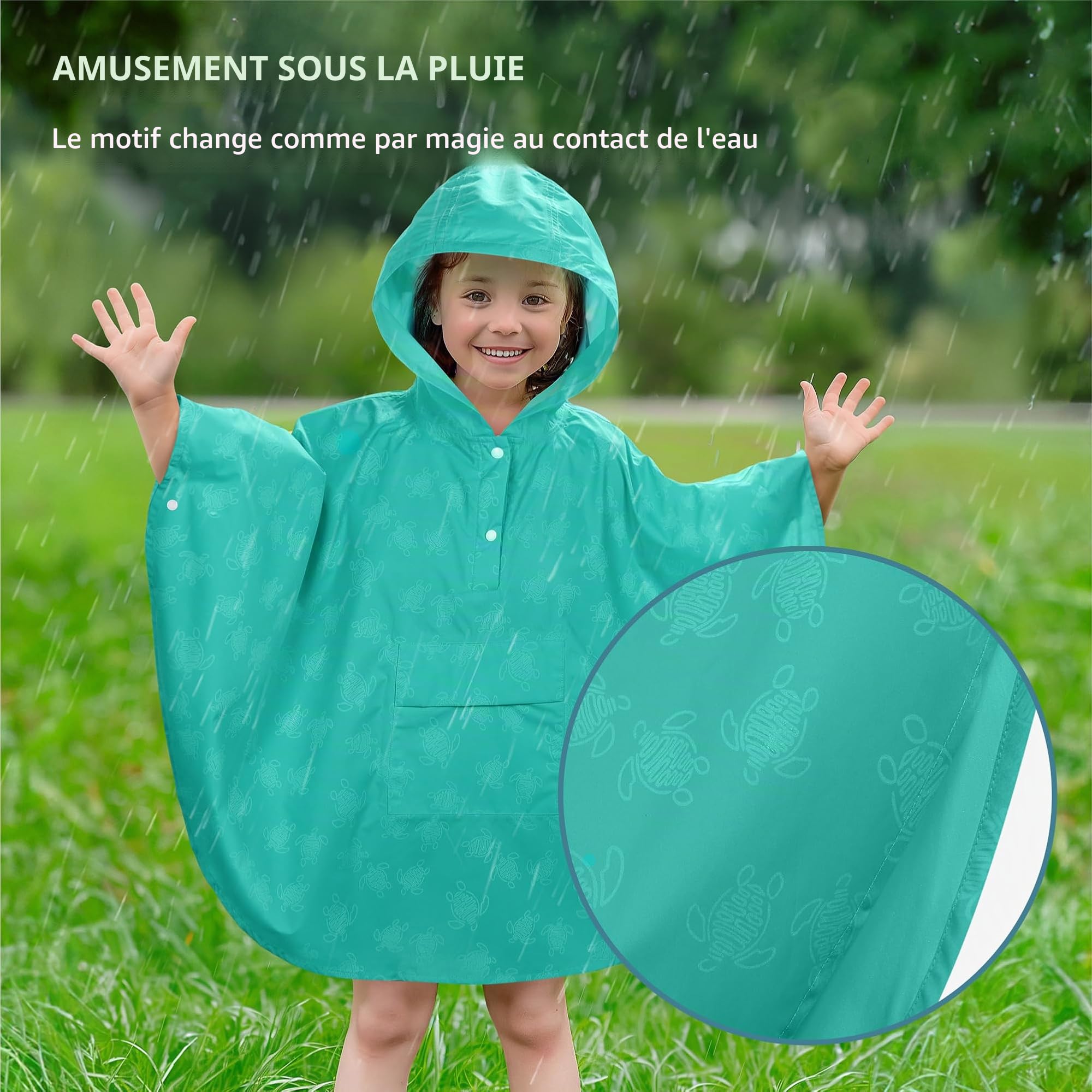 JEMIDI Cape de Pluie Enfant - Impermeable Enfant Taille S M L pour Fille Garcon de 3 à 15 ans - Poncho Pluie Imperméable Respirant avec Boutons Pression et Poche Avant