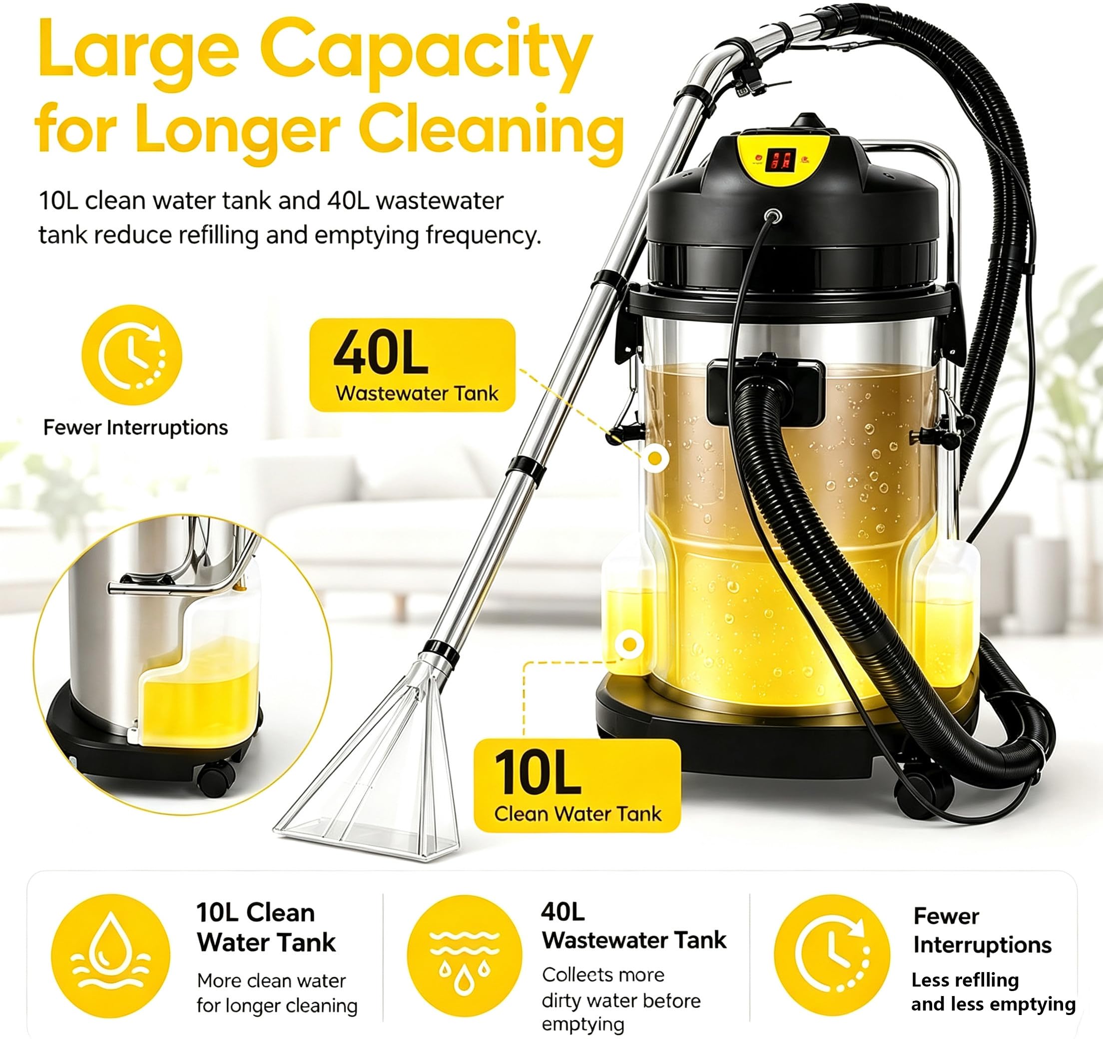 Aspiradora Lava Tapicerías 3 en 1 40L 1034W, Limpiadora de Alfombras Profesional, Máquina de Limpieza Profunda para Sofás, Coches, Moquetas y Cortinas – Cepillo INOX Incluido