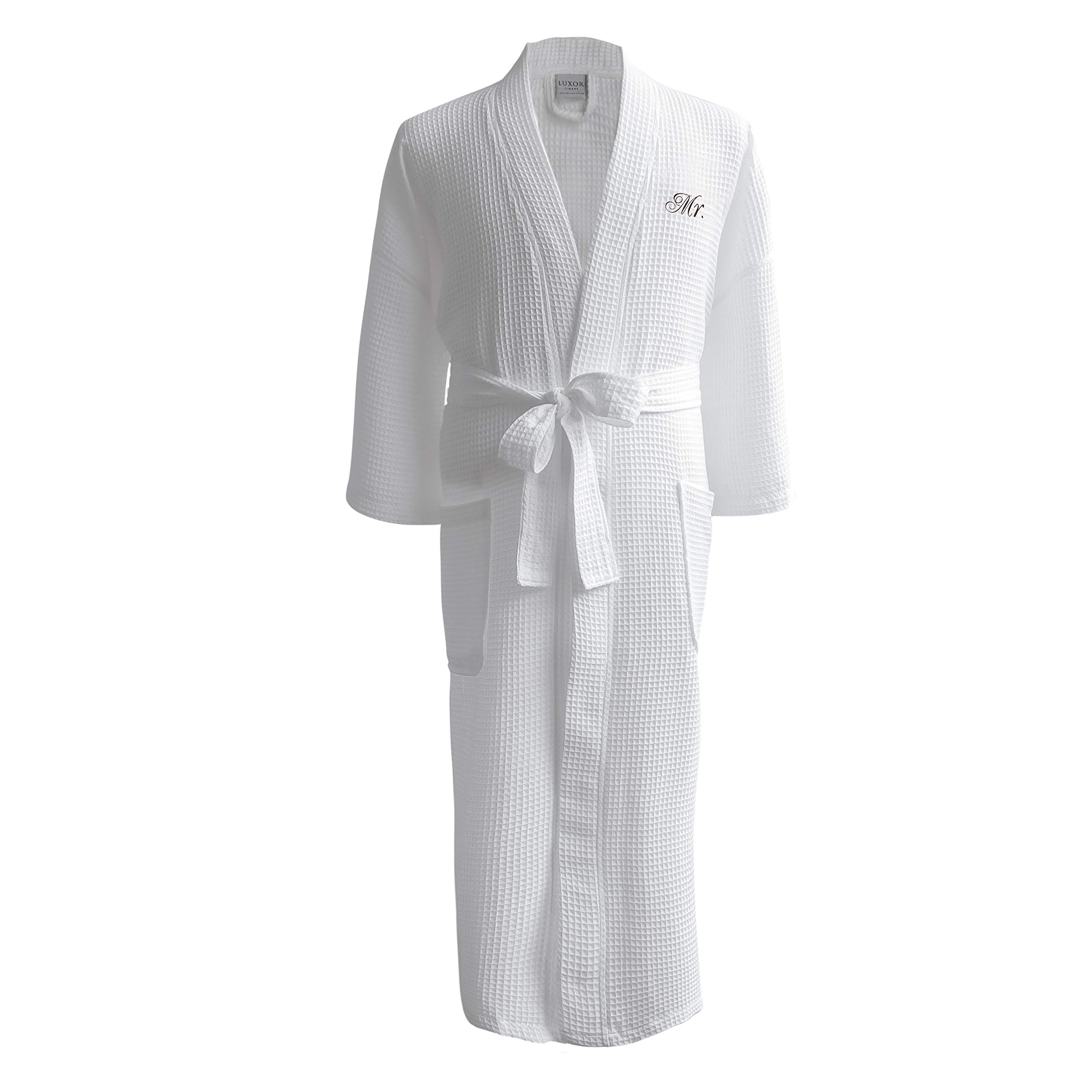 Luxor Linens Waffle Weave Bathrobe - 100% Egyptian Cotton - One Size Fits Most - Spa Robe, Luxurious, Soft, Plush, Elegant Script Embroidery Mrs
