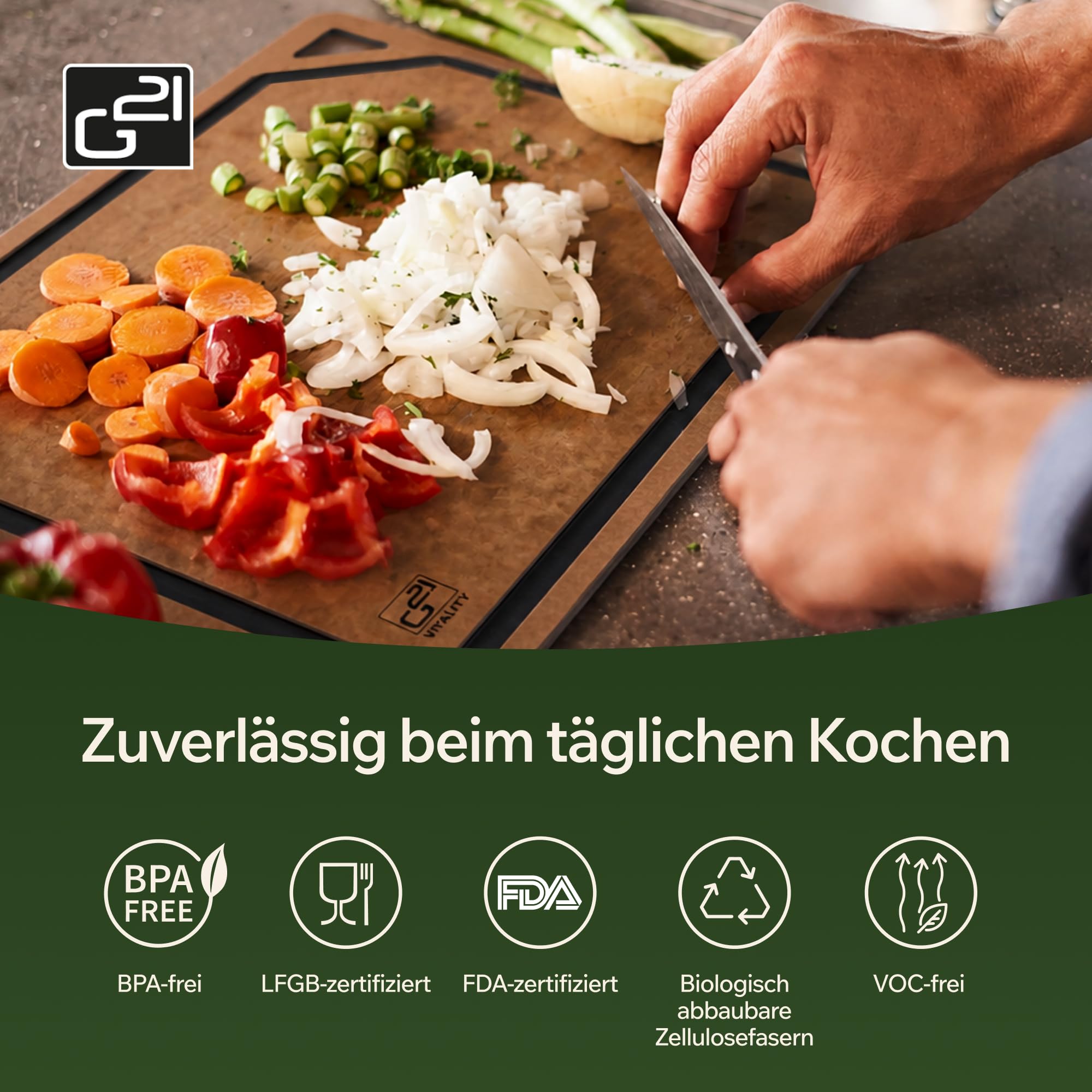 G21 EcoCut Schneidebrett Holzfaser 2er Set Spülmaschinenfest, Braun | BPA- & VOC-frei, LFGB-geprüft, porenfrei, geruchsneutral, mit Saftrille & rutschfesten Füßen, messerschonend, hitzebeständig