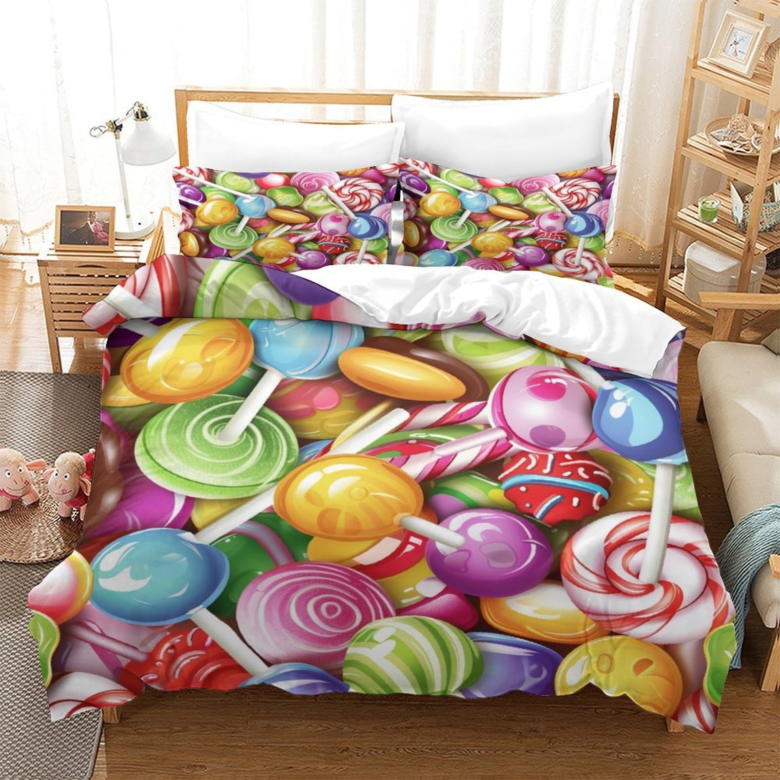 YYVKPMLXC Colorful Candy Duvet Cover,Sweet Lollipop 3D Pattern Bedding Set Easy Care Quilt Cover 3pcs, Comforter Cover with Zipper Closure for Girls Boys Children Bedroom Decor Single（140x200cm）