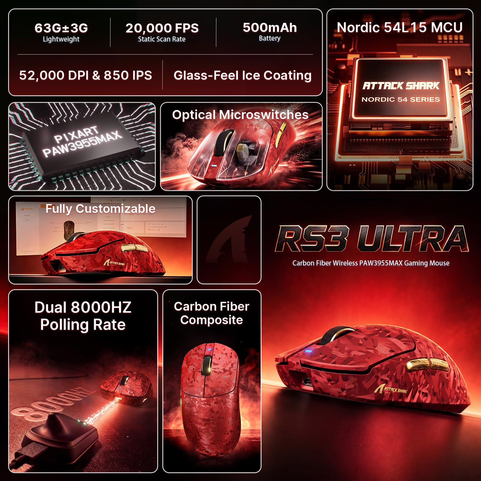 ATTACK SHARK RS3 Ultra Ratón Gaming Inalámbrico, Sensor PAW3955MAX, Chip Nordic 54L15, Fibra de Carbono, 8K Hz Polling, 52K dpi, Ultraligero 63g, BT/2.4G/Cable, Ratón Ergonómico para Esports, Rojo