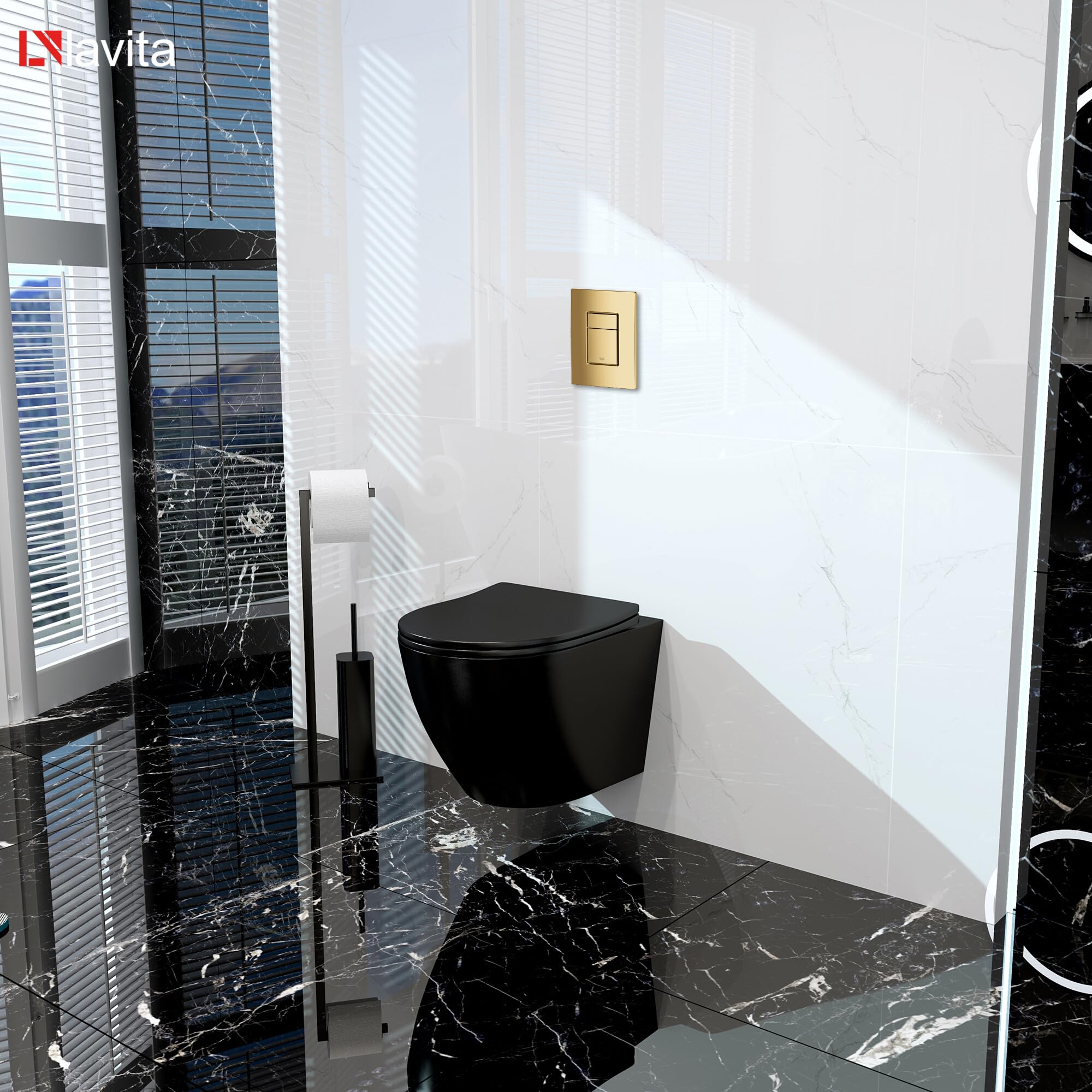 LAVITA | Elemento de pared Solido + pared colgante de inodoro Sinto negro sin borde + asiento de inodoro SoftClose | Botón dorado | Juego completo | cisterna empotrada | inodoro completo