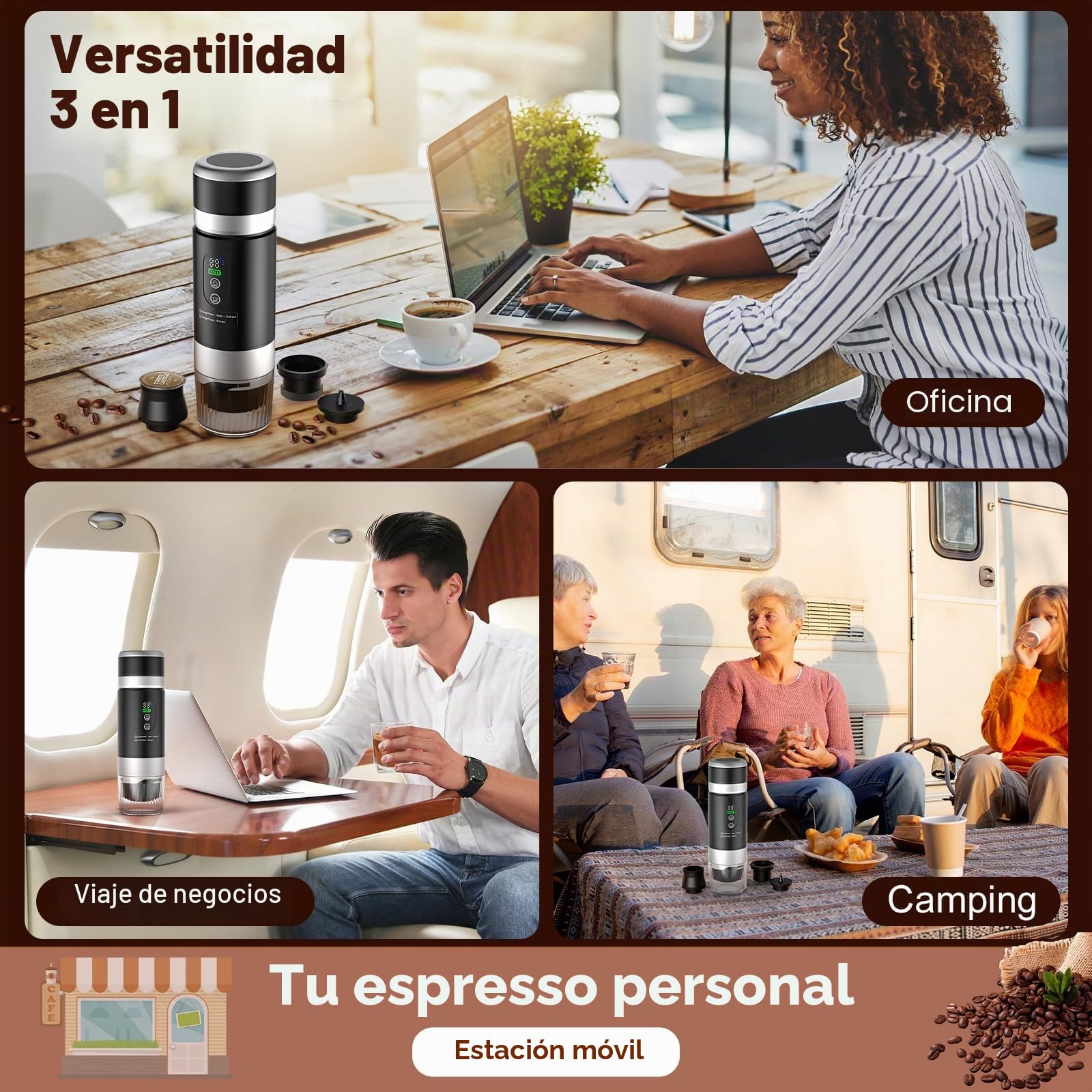 Cafetera Espresso Eléctrica Portátil 3 en 1, viene con una batería extraíble, Cafetera de Viaje para Camping, Cafetera de Coche Autocalentable con USB-C, para Café Molido y Cápsulas Pequeña/Grande