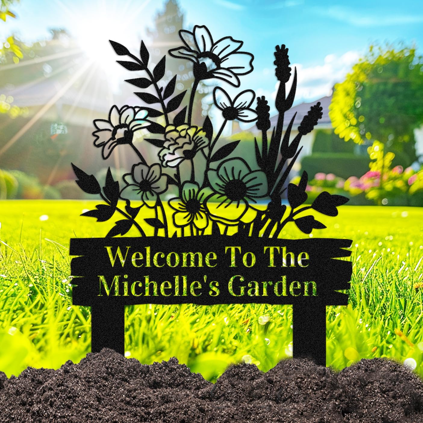 Adthyuxq Flowers Custom Garden Sign With Stakes, Personalized Metal Garden Stake Yard Sign Outdoor Lawn Decor Sign