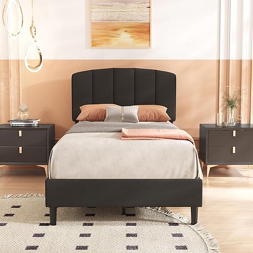 alazyhome Marco de cama tapizado de tamaño individual con cabecera tapizada de terciopelo, listones de madera, soporte no necesita somier, fácil