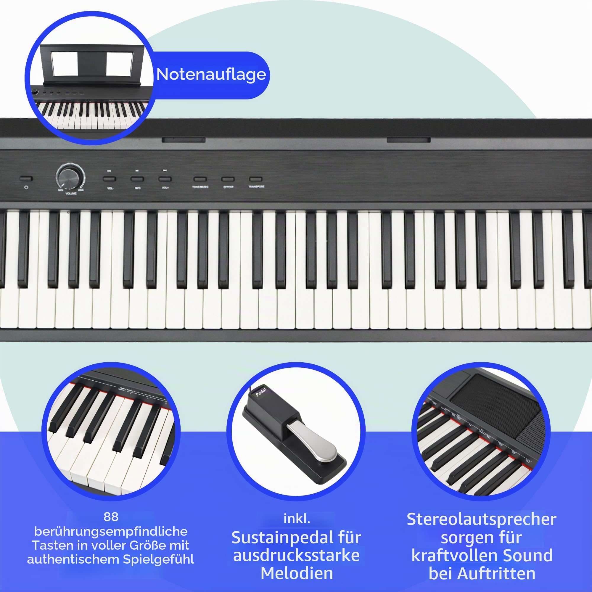 Axus AXD55 88-Tasten-Digitalpiano-Tastatur Mit Voll Gewichteten Hammertasten, Sustain-Pedal Und Hochwertigen Features Und Funktionen