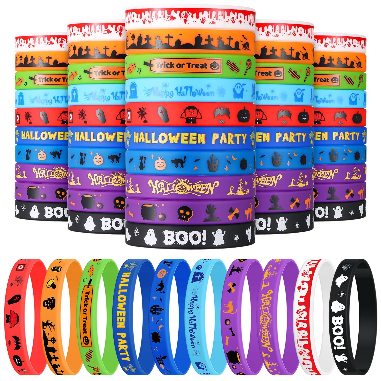 Vinsot 60 Pcs Halloween Silicone Bracelet Halloween Party Rubber Bracelet Bulk Pumpkin Ghost Gift Waterproof for Party Supply