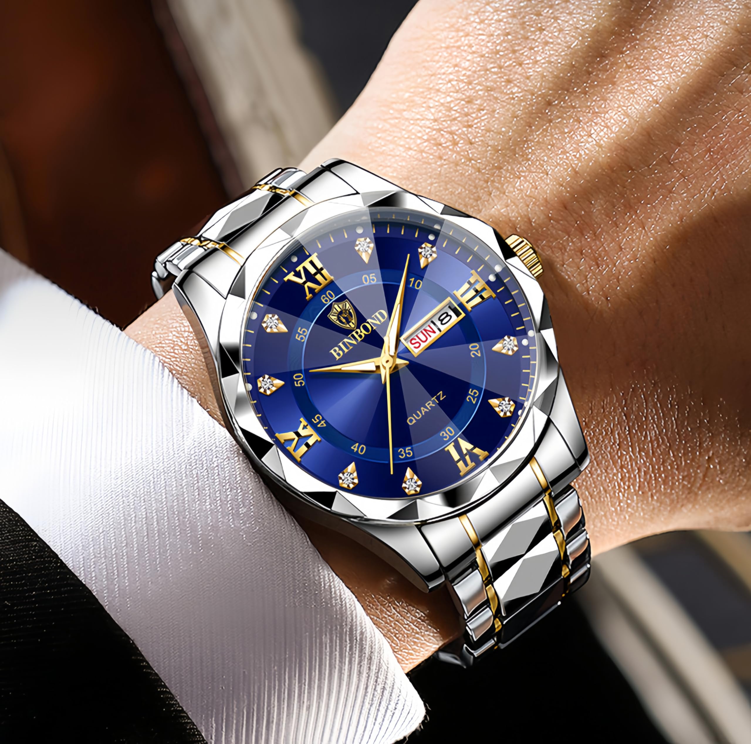 Gosasa Luxury Men's and Women's Business Diamond Stainless Steel Waterproof Roman Numeral Analog Quartz Watch with Day-Date Calendar, Gold and Silver Tone