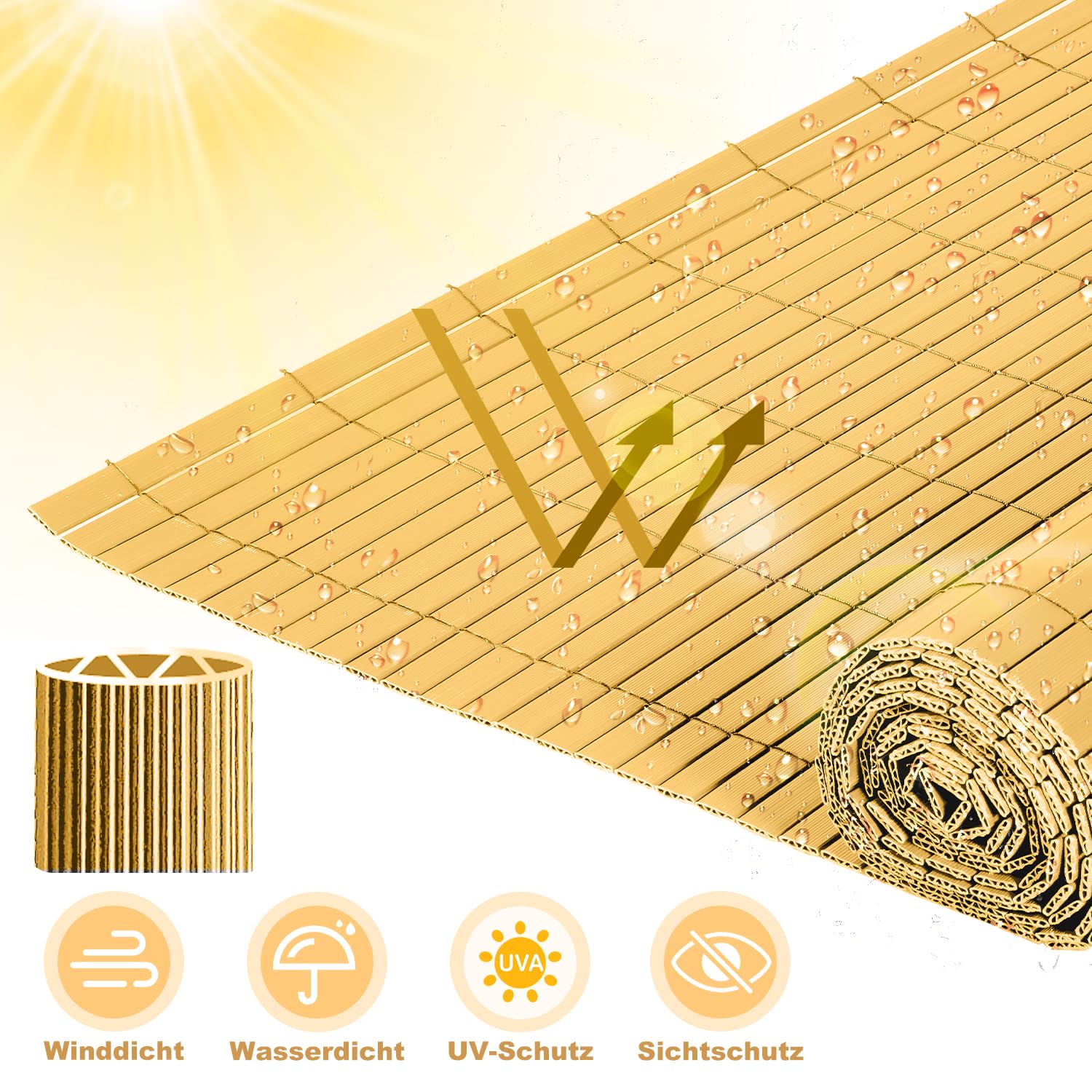Canisse en PVC, Brise Vue en PVC 160 x 500 cm, Clôture de Jardin avec Serre-câbles, Brise-Vue pour Jardin, Balcon, terrasse, clôture, Renforcement intérieur en 4 Poids, Bambou