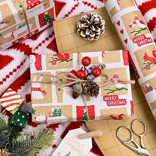 Miniatura 75 de Yarcony Papel kraft de regalo de Navidad, papel de regalo negro, árboles de Navidad de lujo, renos, copos de nieve, papel de estraza resistente