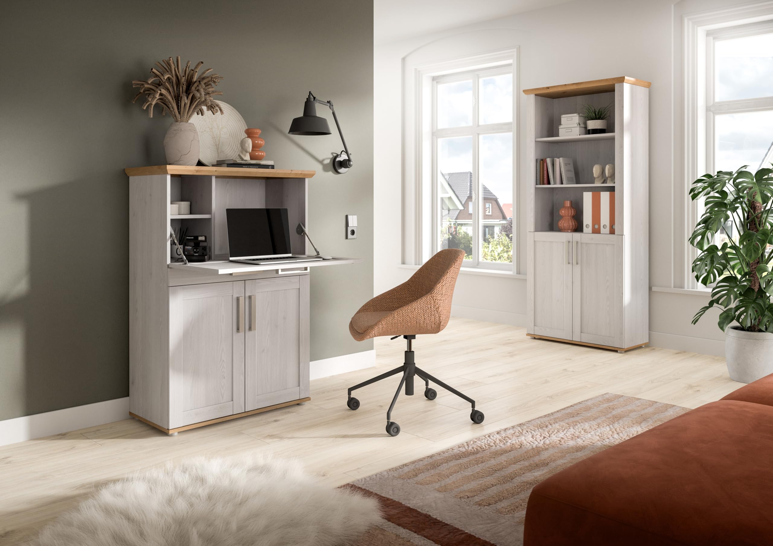 xonox.home – Sekretär Verona 84x122x42 cm in Sibiu Lärche & Artisan Eiche Nachbildung – Kompakter Arbeitsplatz mit 1 Klappe & 2 Türen – 5 Fächer bieten idealen Stauraum für Schreibutensilien & Post