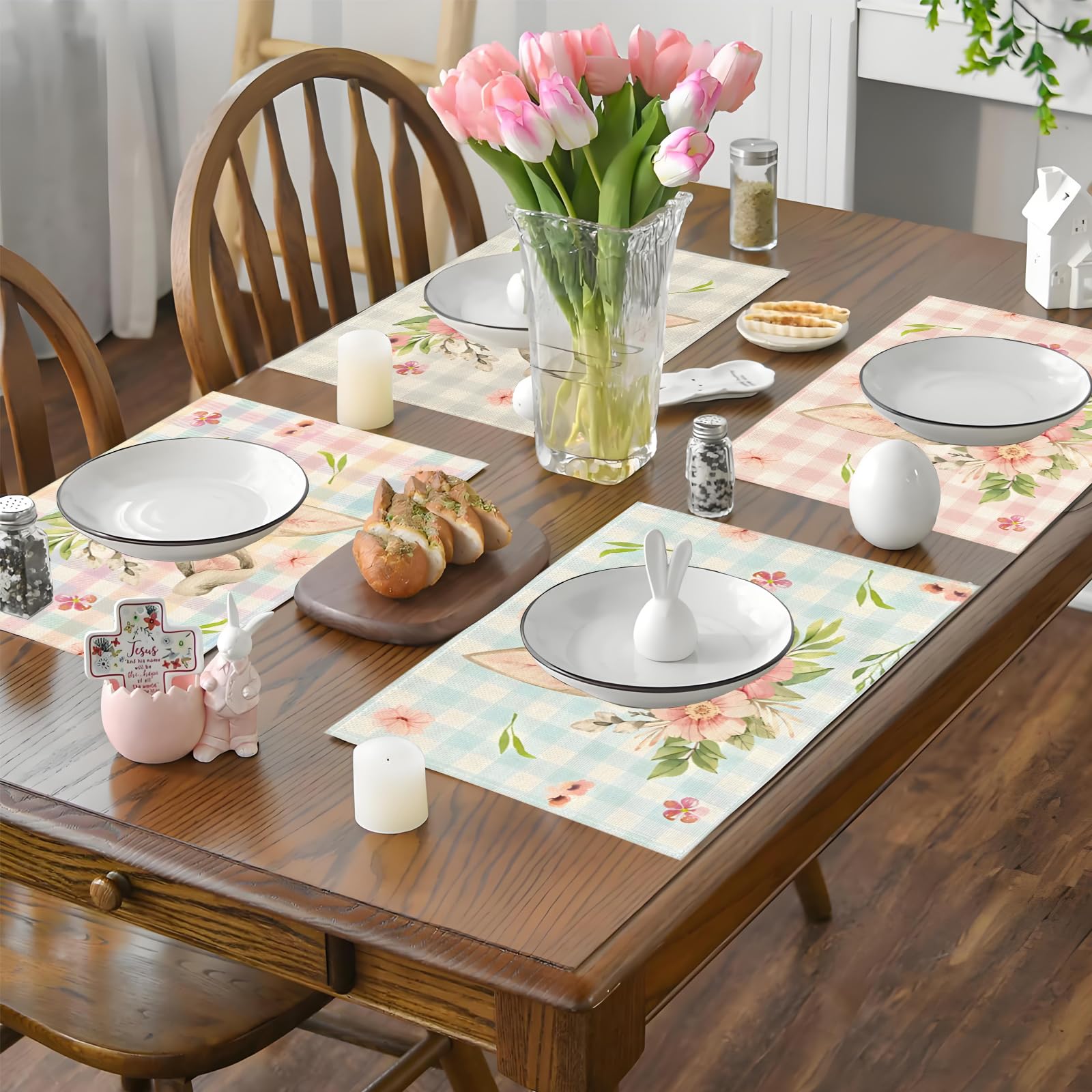Easter Buffalo Plaid Bunny Ear Floral Placemats Set of 4, Linen Rabbit Place Mats, Colorful Seasonal Spring Table Mats - Image 4
