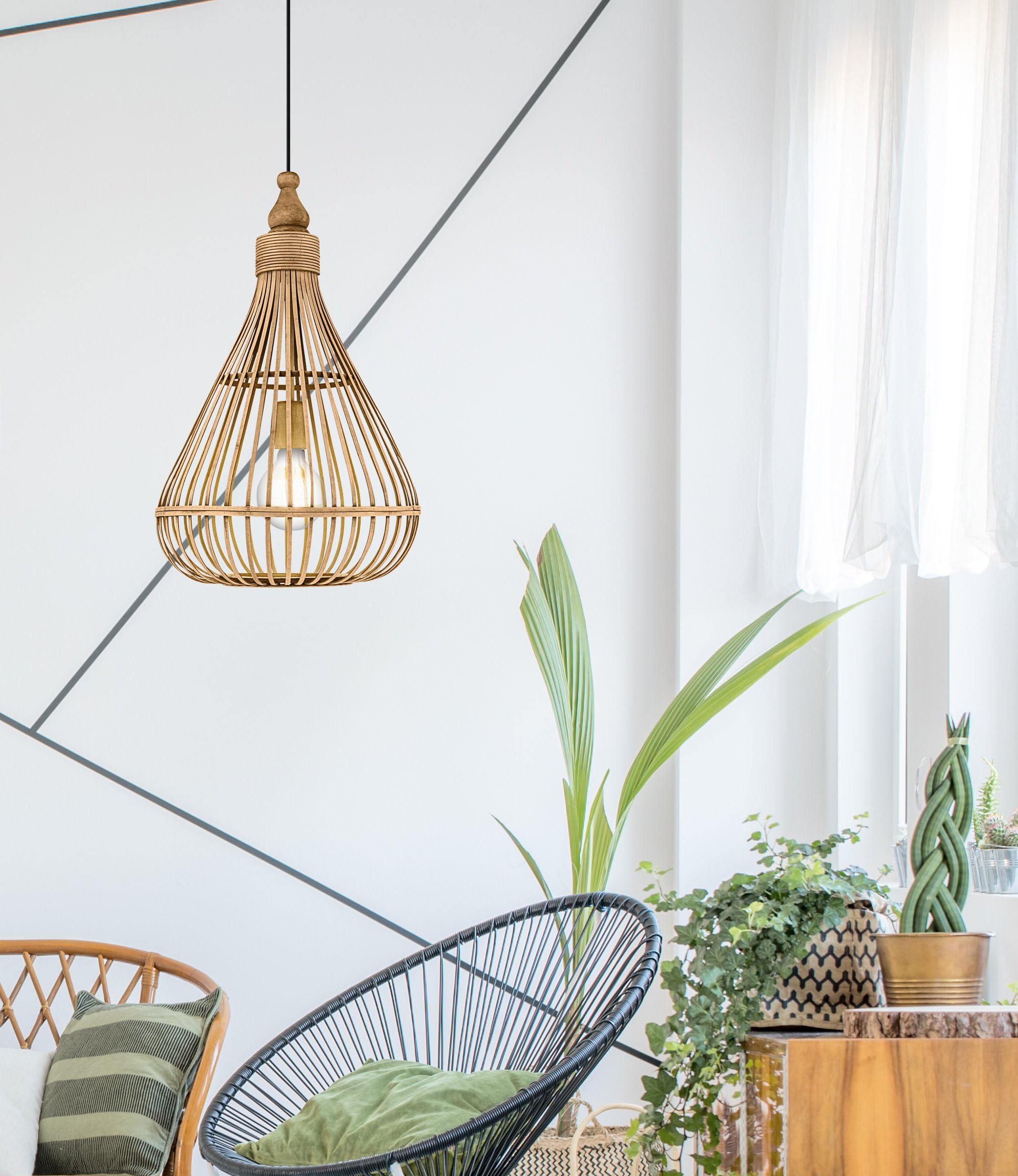 EGLO Pendelleuchte Amsfield, 1 flammige Hängelampe Vintage, Natur, Boho | Hygge, Hängeleuchte aus Stahl, Holz in Naturfarben, Esstischlampe, Wohnzimmerlampe hängend mit E27 Fassung, Ø 35 cm