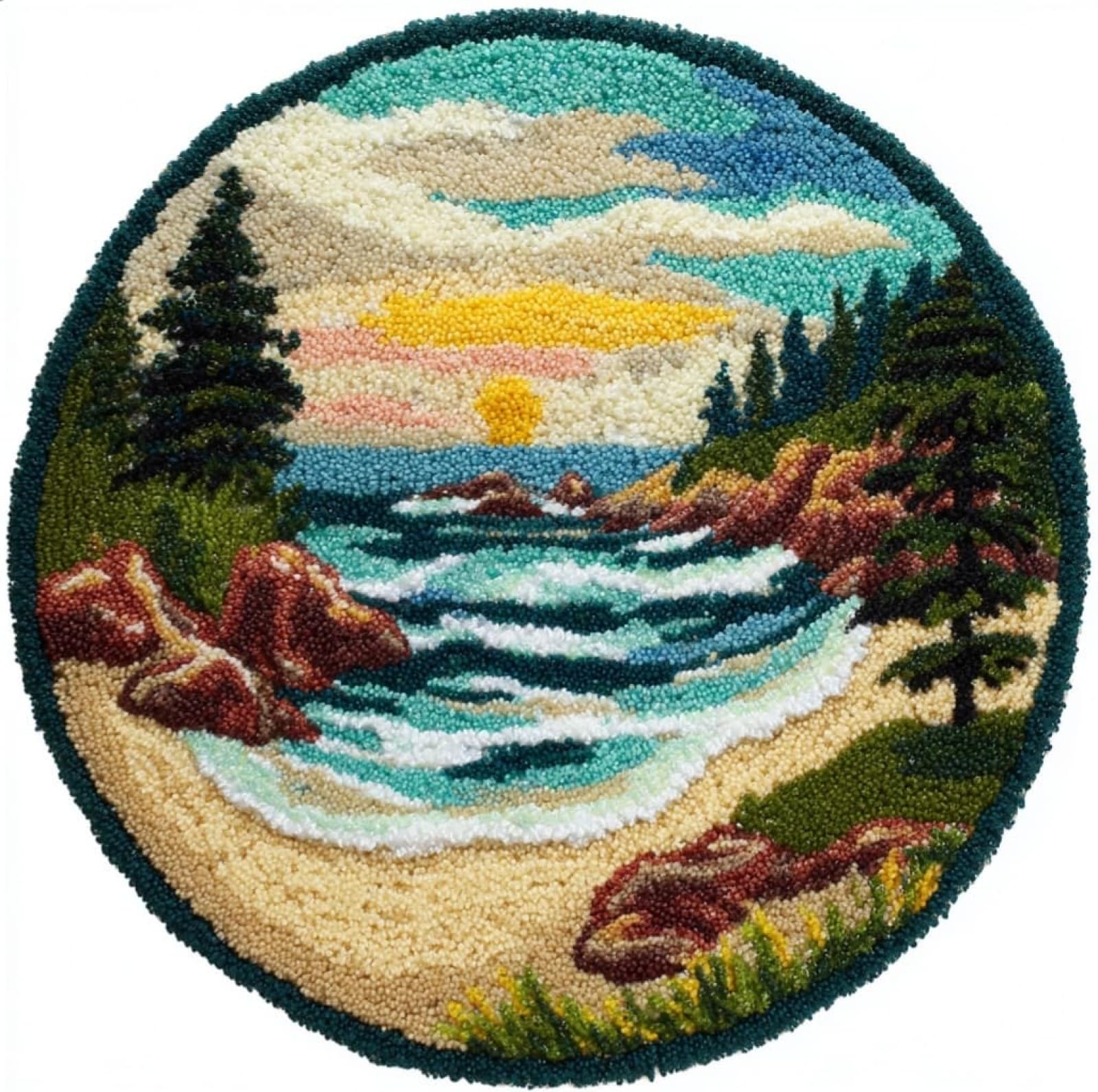 WallustrioaW Beginner Small Size Latch Hook Kits,a Small House by the sea,Yarn Rug Kits Making,Mat,Craft Kits with Printed Canvas for Starter Kids Adult,50x50cm