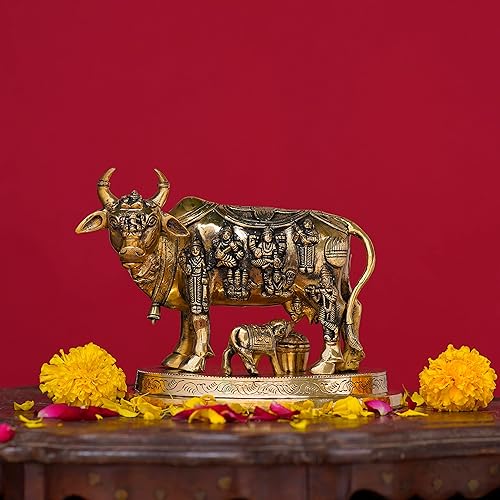 Miniatura 7 de Estatua de latón de vaca y ternero para la oficina en casa, templo Puja/Pooja, decoración de arte de artesanía coleccionable, amarillo, 8 x 6 x 5.2