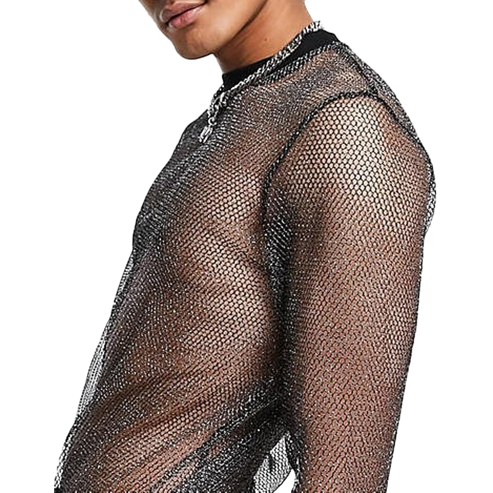 【NONCODE】Chesnu See-Through Slit T-Shirt WDIRARA Men's Sheer Mesh See Through Notched V Neck Long