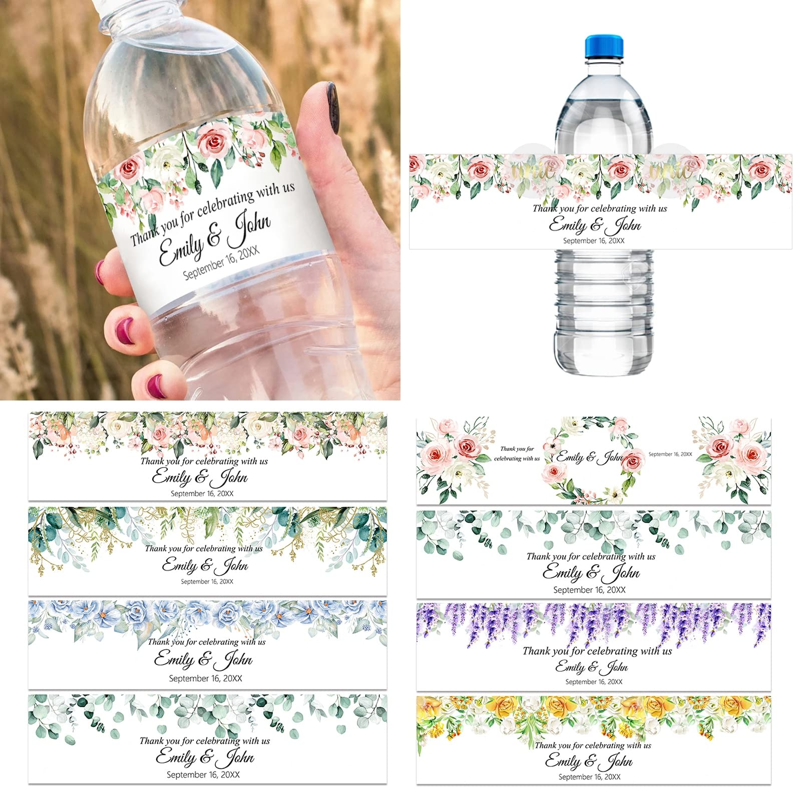 30pcs Custom Floral Labels Personalized Bottle Labels Wraps Stickers Name Text Sticker Birthdays Baptism Wedding Decor (E)