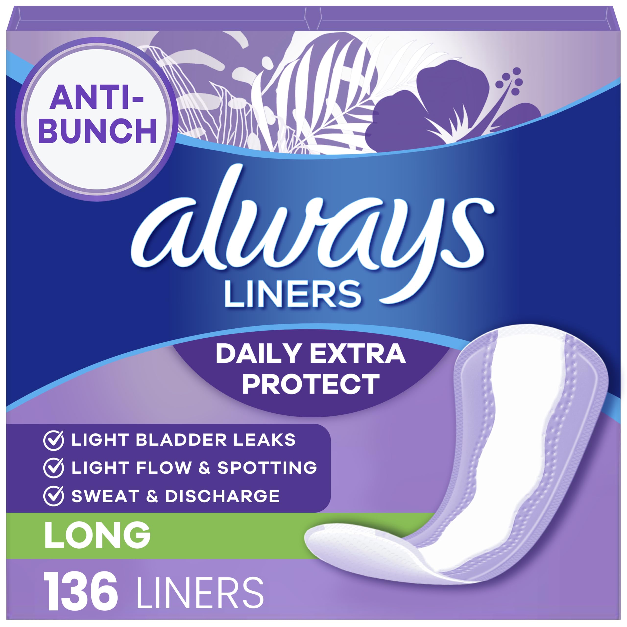 Always Panty Liners for Women Anti-Bunch Xtra Protection Daily Liners, Long, Unscented, 136 Count