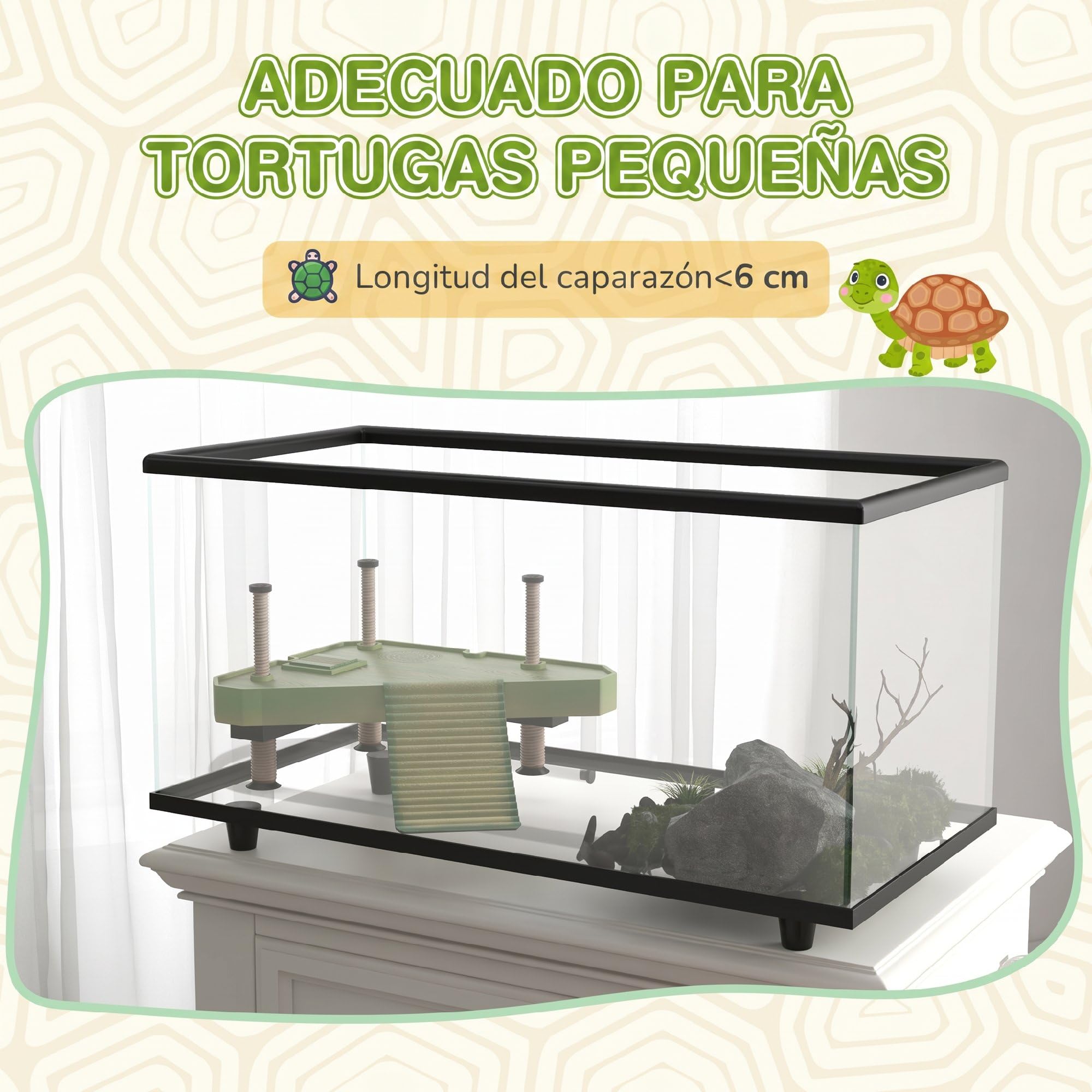 PawHut Acuario para Tortugas 50L con Plataforma 60x30x32 cm Transparente | Terrario de Tortugas Pequeñas, Rampa, Drenaje Fácil, Termómetro Adhesivo
