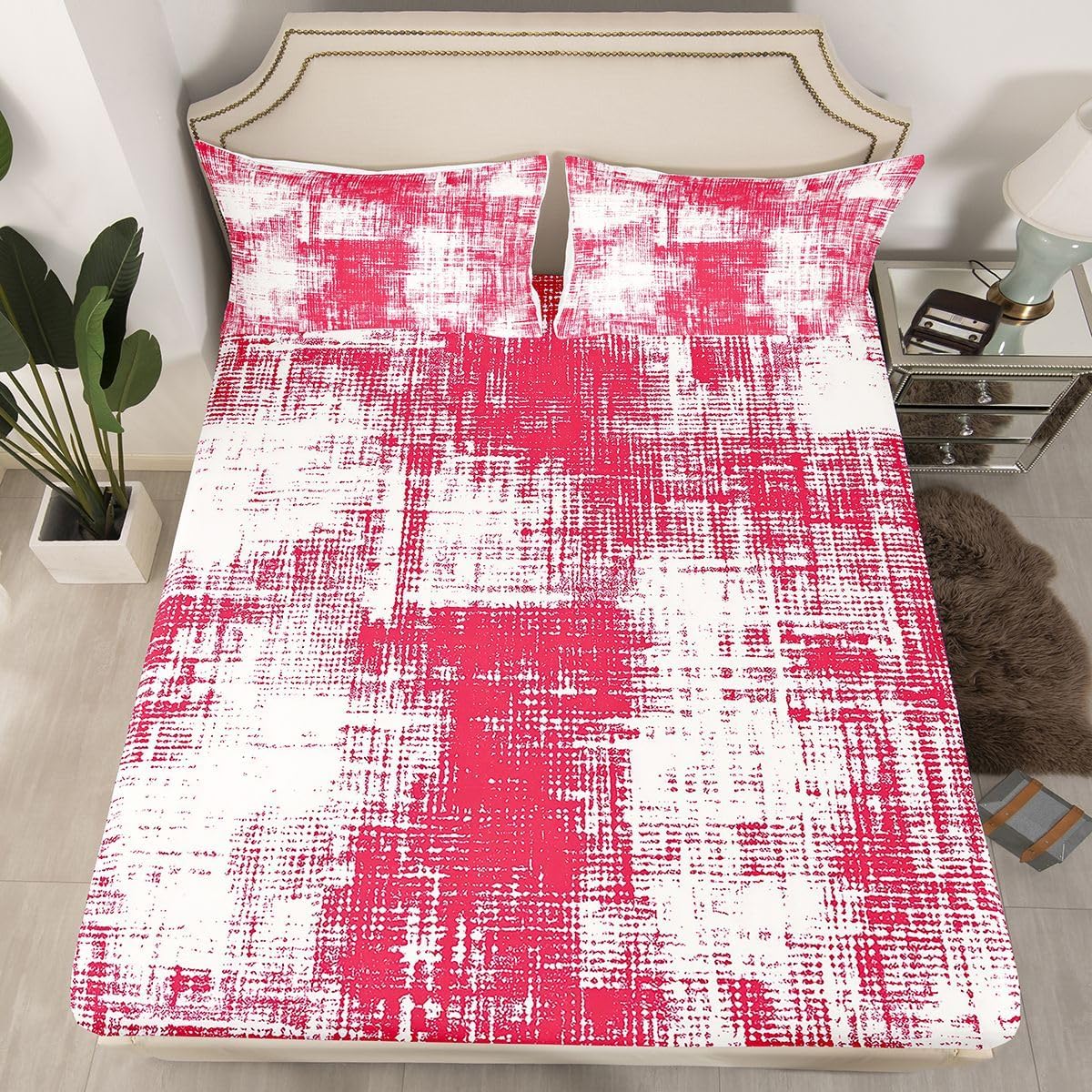 jejeloiu Red Abstract Art Bed Sheets Set Twin Size Luxury Bed Set for Kids Boys Girls Modern Art Deep Pocket Fitted Sheet Breathable Soft Lightweight Microfiber