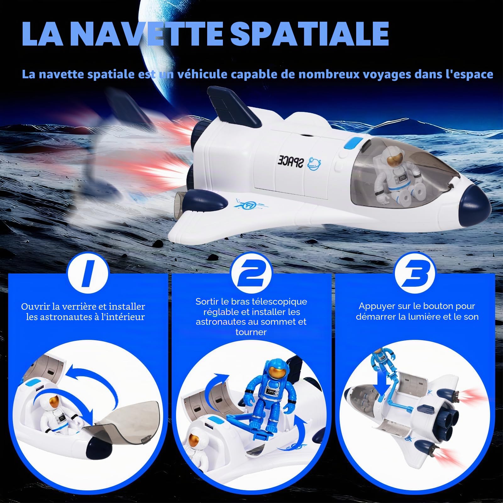 Fusée Jouet Espace pour Enfants, Navette Spatiale de vaisseau spatial avec effets de lumière et de son, jouet pour garçons et filles, kit de jeu d'exploration d'astronautes