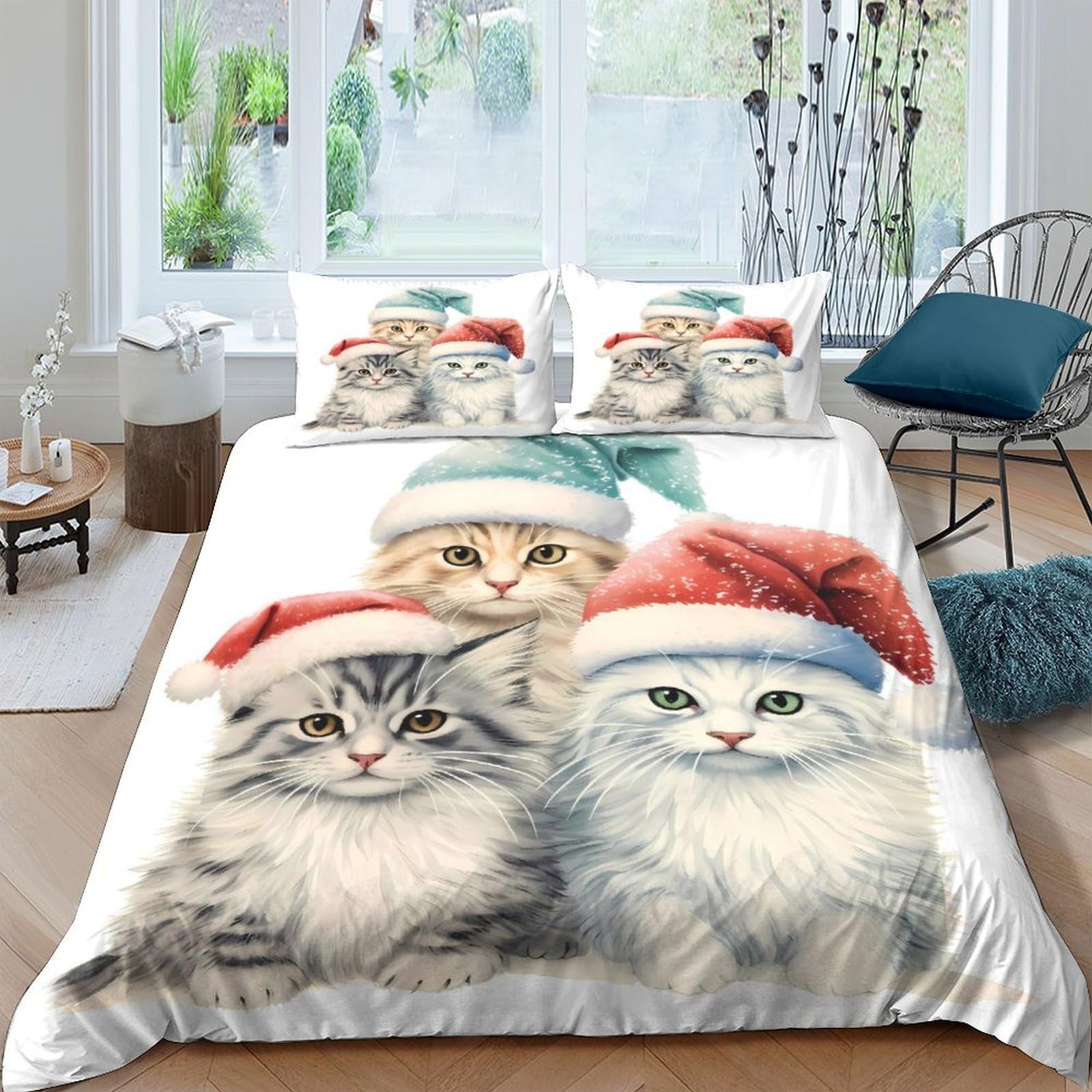 Ctjqhvkz Style-10 3D Printed Christmas Cat Fitted Sheet Microfiber Soft Decorative Santa Hat Bed Cover For Bedroom Guest Room Home Decor Single（135X200cm）