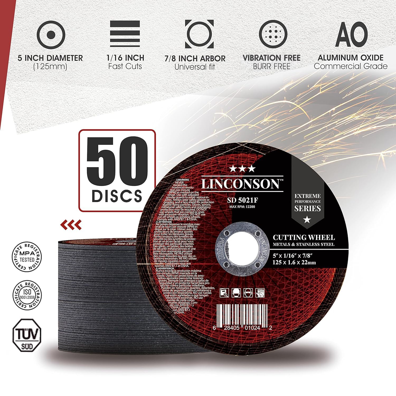 linconson Paquete De 50 Ruedas Corte 5 Pulgadas Para Metal Y Acero Inoxidable Utilizadas En Amoladora Angular Disco Plano /8 (SD 5021f), 16 X 7, 1