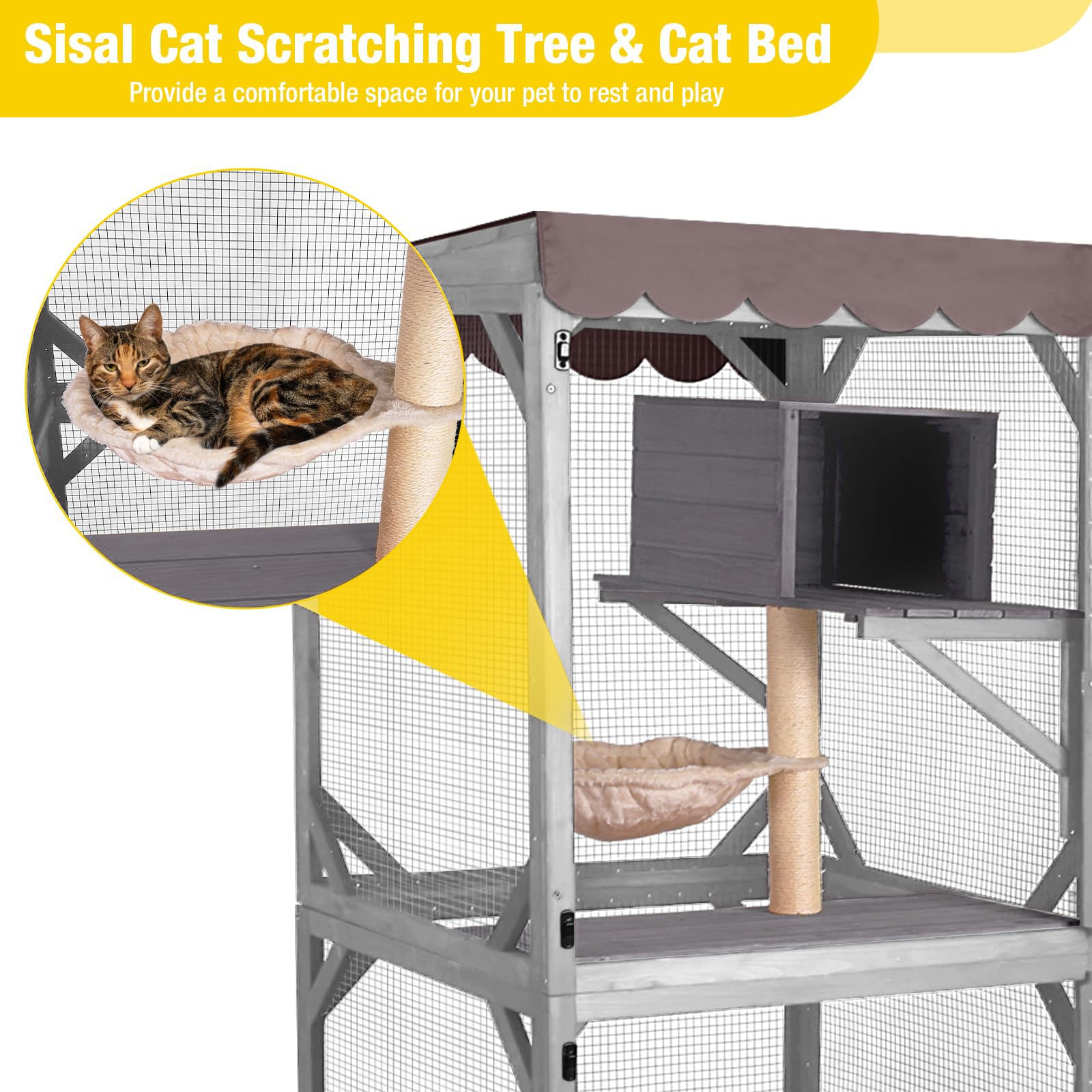 X-ZONE PET Catio Outdoor Cat Gehäuse auf Rädern Indoor Kitty Haus mit Katzenbett, Kratzbaum, springende Plattformen, wasserdichtes Dach (grau) 80CM/Lx80CM/Wx182.5CM/H