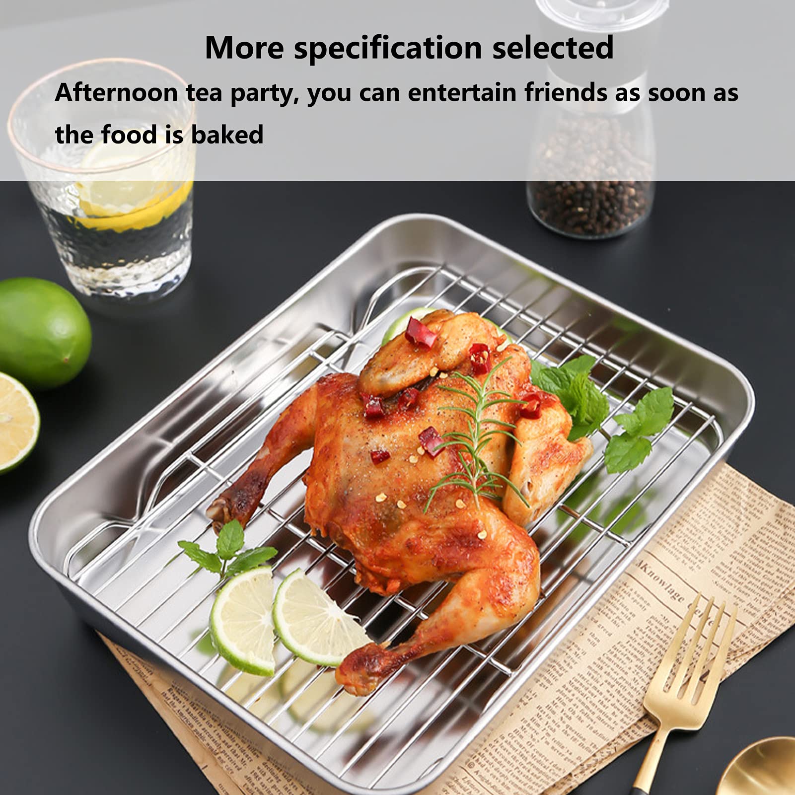 Plplaaoo Roasting Pan with Rack,Stainless Steel Turkey Roaster Pan 2inch Deep,Large Roasting Pan,Easy Clean Rectangular Deep Dish Oven-BBQ Bakeware for Baking Cooking (9.3 * 6.9 * 2.0Inch)