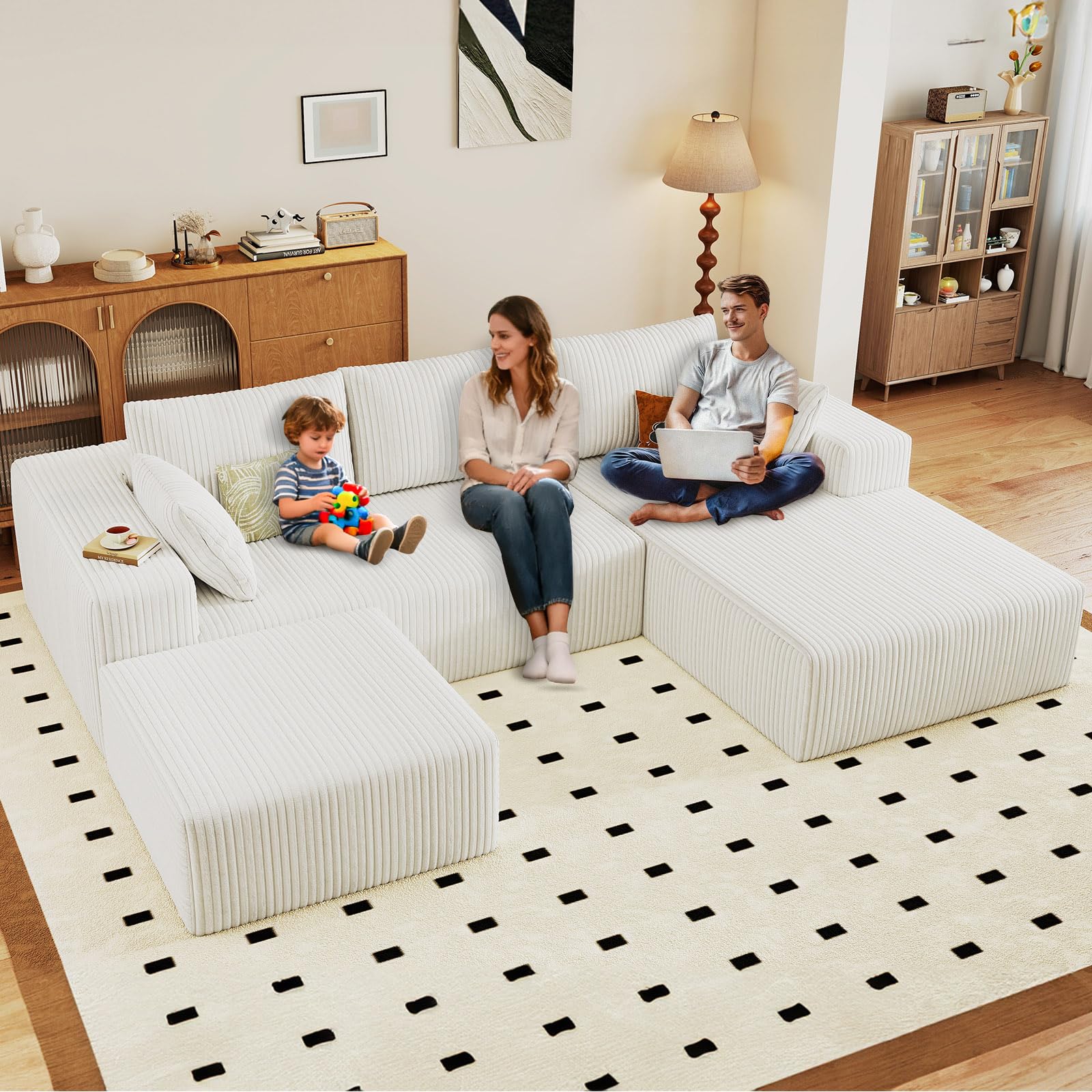 96" U-Shape Cloud Couch, Modern Modular Sectional L-Shape Sofa with Ottoman, Corduroy Upholstered Couches Deep Seat Sleeper Chaise Longue for Living Room, No Assembly Required(White, Right Facing)