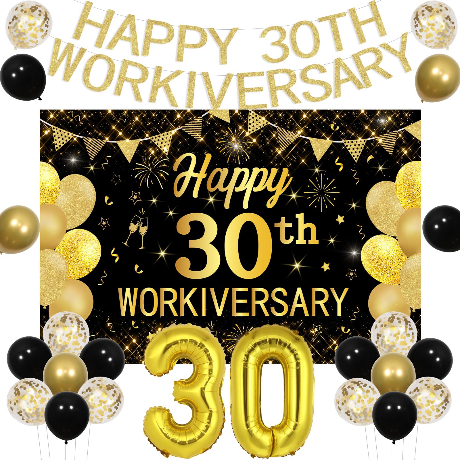 Wonmelody 30th Work Anniversary Decorations Happy Workiversary Backdrop Banner 30th Black Gold Office Working Party Supplies 30 Year Employee Appreciation Banner for 30 Year Workers