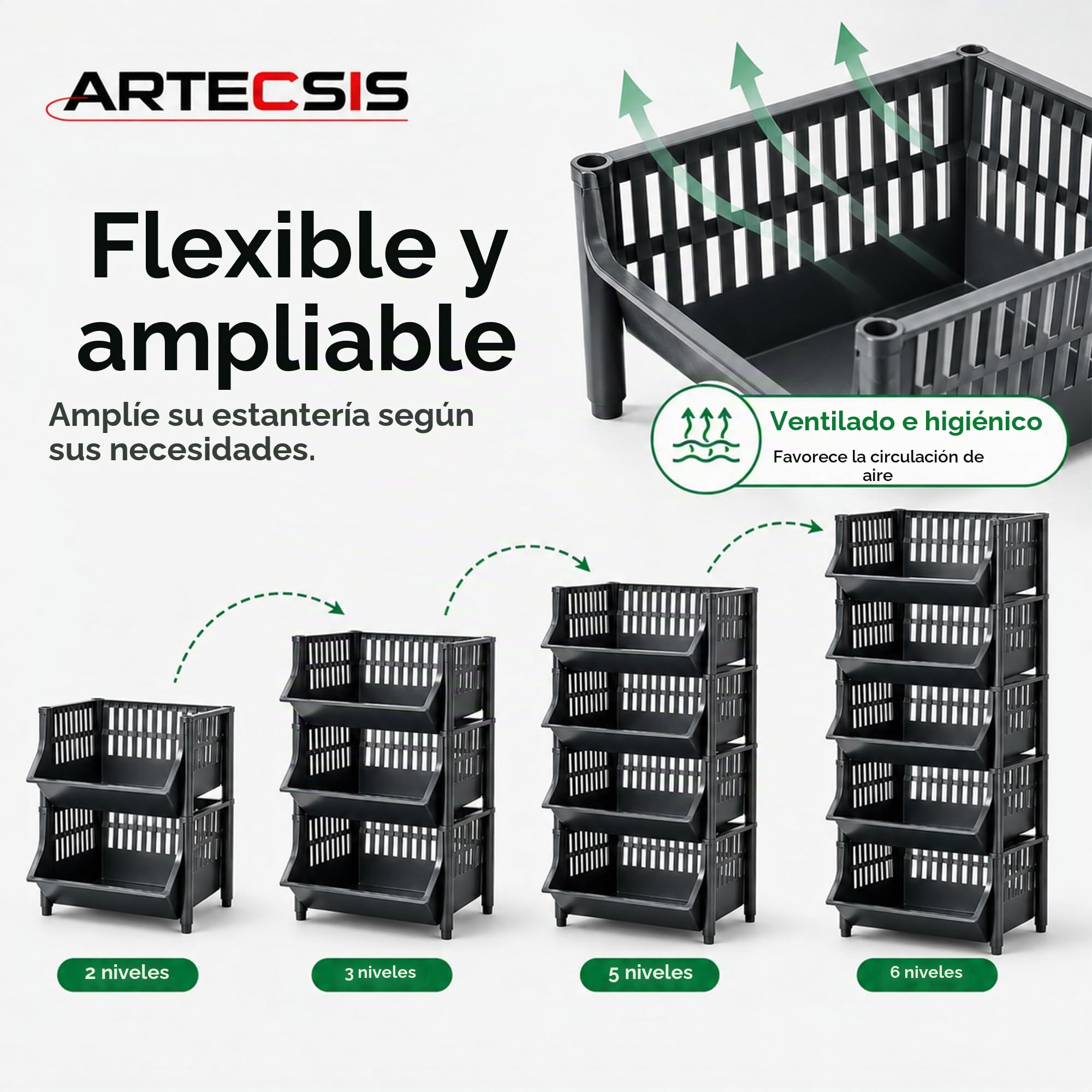 ARTECSIS Estante cestas de plástico de 6 niveles, 110 x 41 x 30 cm, color negro y almacenamiento modular