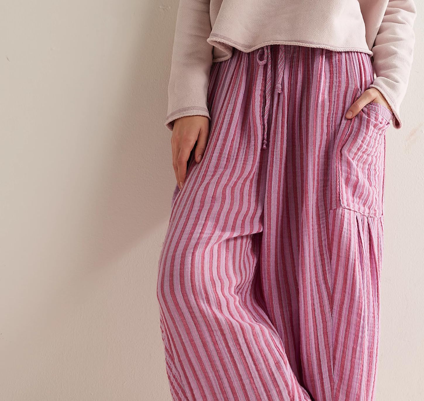 Women Summer Striped Harem Pants Casual Baggy Wide Leg Tapered Trousers Drawstring Waist Palazzo Pants with Pockets - Image 3